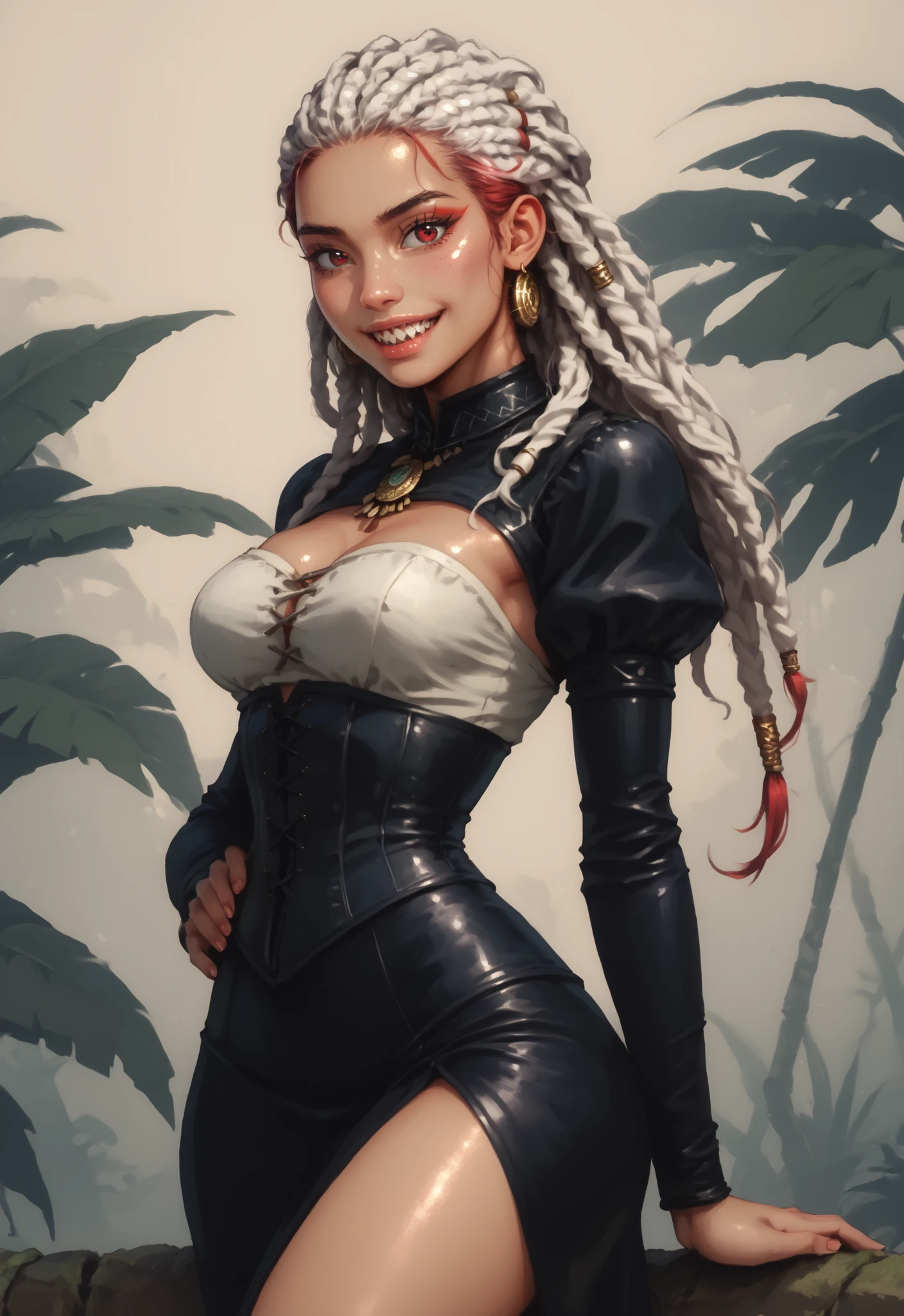 Slender body. Lean body-type. Marble-White skin. Fair skin. Cute 18-year-old Aztec and Indonesian girl with Asian red eyes and unnaturally sharp teeth and dreadlocks (bi-coloured hair: white and red hair). Intense red eyes. Sharp and shark-like teeth. She has a cute and beautiful face. She has a cute and broad nose. She has a round and young face with a pointy chin. Her body is athletic with abs and A-Cup. She wears an intricate, shiny midnight-blue Spanish leather dress with puffed sleeves and corset. Background: Aztec jungle ruins. Realistic lighting. DnD art-style. fake box art, semi-realistic, Looking at the viewer. Drawn like the artist Bob Kehl. HDR colours.