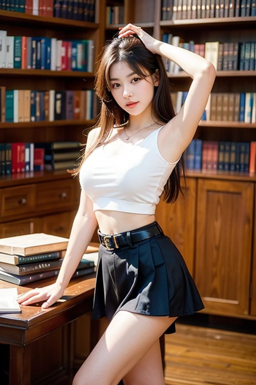 (((Neat woman, hide,Eyes bright with excitement,Smile,blush,blush,Red cheeks,Please touch me,audience,I want you))),(Lying on the huge table),((((blush,Red cheeks,Sweat)))),(light), (Photo real:1.4)、(Surrealism:1.4)、(Reality:1.3)、 (柔和的light: 1.05)、(改善视频的light质量:0.9)、 32K、25-year-old female、逼真的light、Backlighting、Face Light、Ray Tracing、(bright:1.2)、(quality improvement:1.4)、 (Highest quality real texture skin)、beautiful eyes,Delicate face、 Close-up of face, ((Wearing the beige Aerial uniform,Aerial,mini skirt,navy,High heel),(Improved body lines and mood:1.1)、Smooth skin、Korean Idol、Nogizaka Idol、Good shape,Perfect anatomical structure,Beautiful actress,(((Beautiful big breasts,Slim waist,Slim hips,Long legs,8 heads high))),(((8 heads high))),(((Side-parted bun,Curtain bangs))),(((In the library's beautiful modern office,Super clean night view,in the evening))),necklace,bracelet,Lace neck,Open clothes and obvious cleavage,belly button。