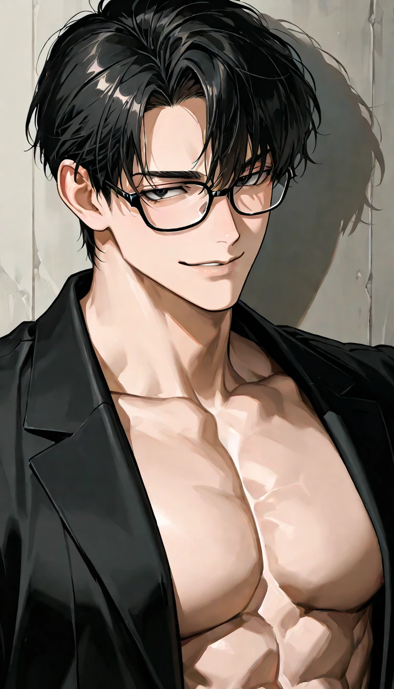 short man, height is 170cm, jet black short straight hair, strong build, muscular, glasses with thick and black frames, light narrow stern eyes, black shirt