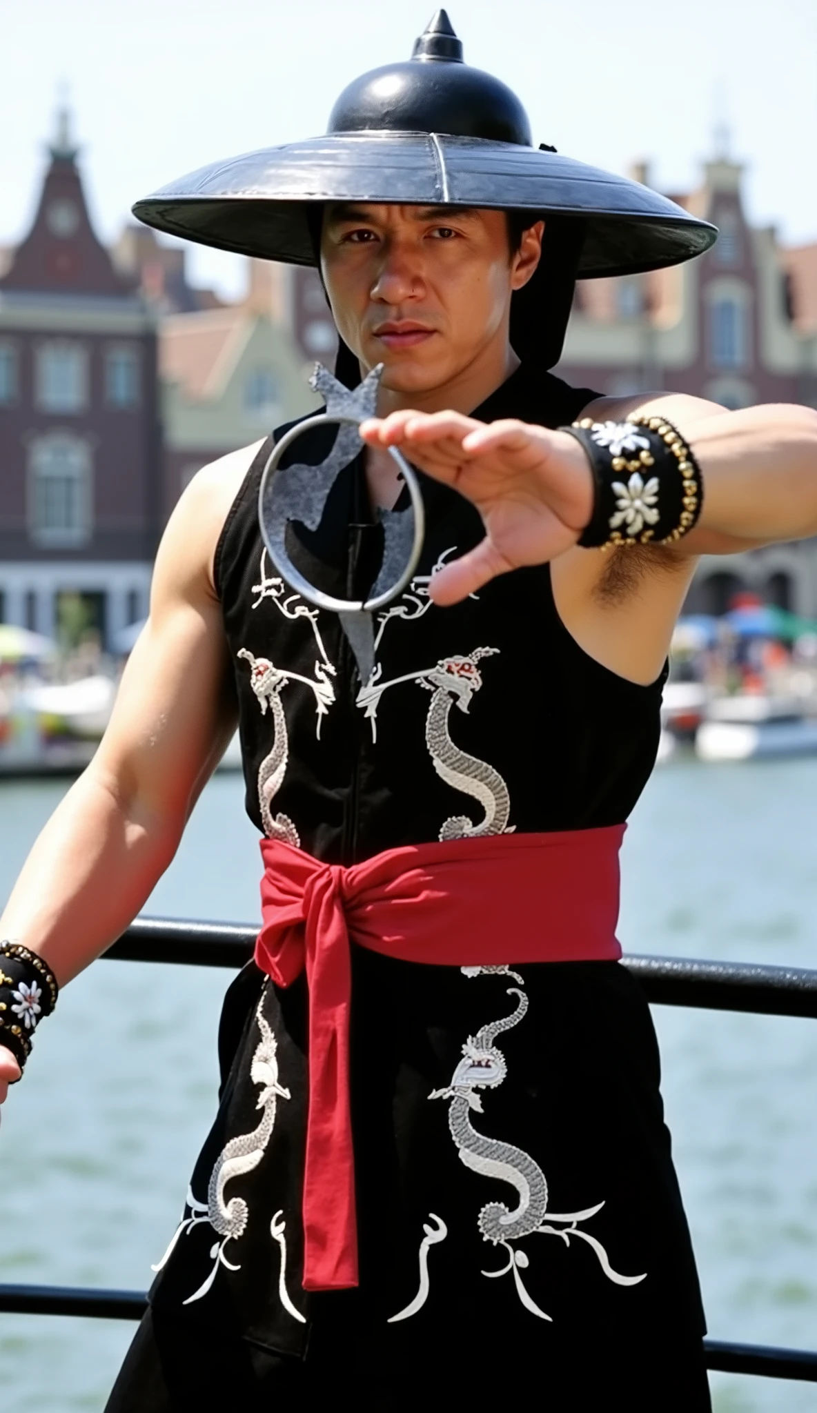 1 Chinese man 2 He holds a flag 8 meters long and it is the flag of China 3 he has a black background 4 he has six-pack abs 5 he has tattoos of Chinese dragons 6 he has velvet pants with Chinese dragons 7 The pants have colors that represent China 8 He has black shoes 9 he is very attractive 