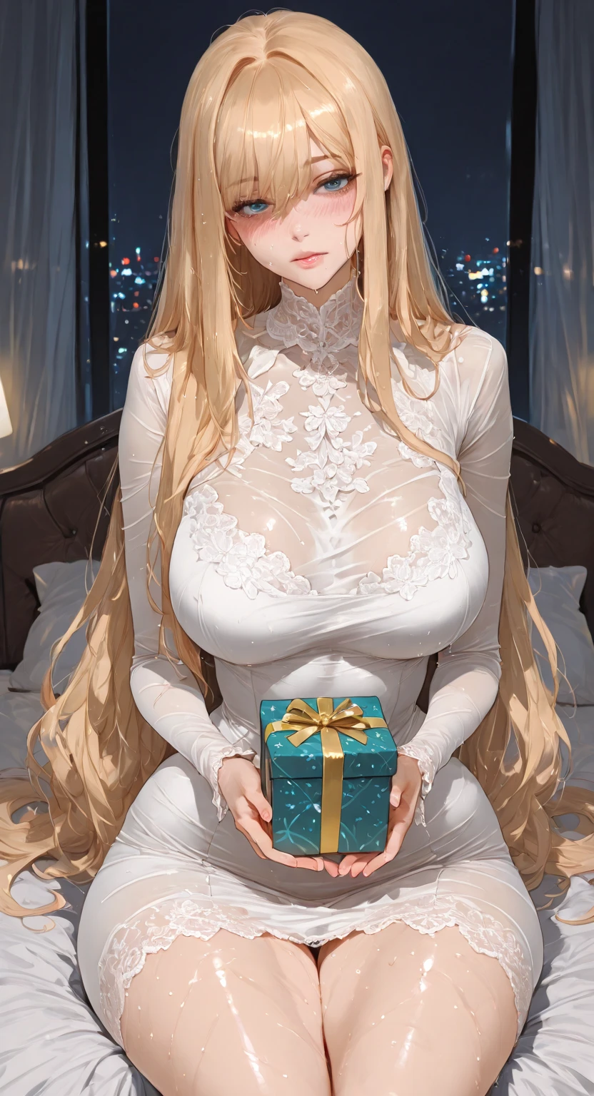Anime girl reclining on a bed of blooming flowers, her large, H Cup breasts subtly accentuated by the shine of her skin. A happy facial expression graces her features as she admires a large, intricate necklace. She's dressed in ribbon lingerie, holding a gift with both hands, the ribbons subtly outlining her ample curves. A few strands of ribbon wrap around her body, artfully hiding some of her bust's fullness. She's wearing white tights, completing her full-bodied, esbian appearance. Surrounding her are presents, adding to the mysterious background of this high definition image. She'