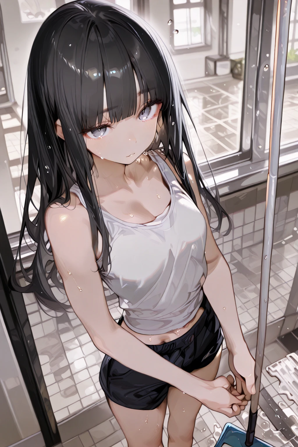 (((masterpiece, Highest quality:1.5,absurdres))),nsfw,25 year old beauty,solo,((very small head:1.3)),long hair,bangs,(dark blue hair),dark blue eyes,gorgeous eyes,tears,open mouth,drooling,medium breasts,((very long body:1.3)),((toned body,slender body)),skinny,((tan skin:1.5)),gleaming skin,shiny skin,sweat:1.3,(White tank top、Yellow pleated mini skirt,Love juice),barefoot、White sneakers、standing,subway、Inside the train、New York City、