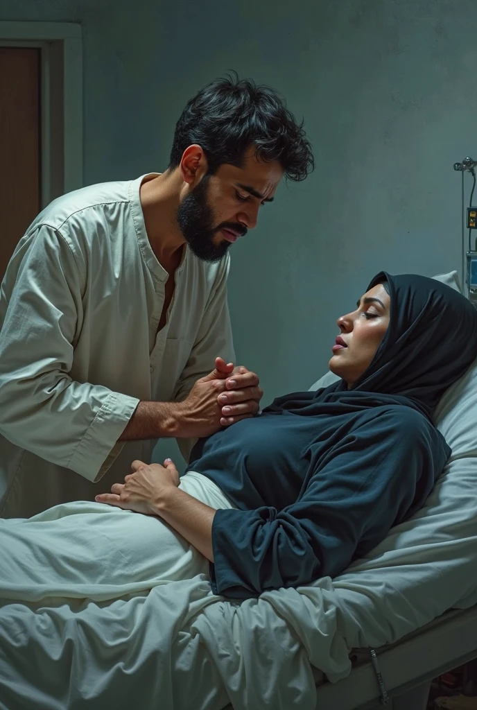 A wearing shari and head hijab is crying on the bed and her husband is crying by the side of the bed.