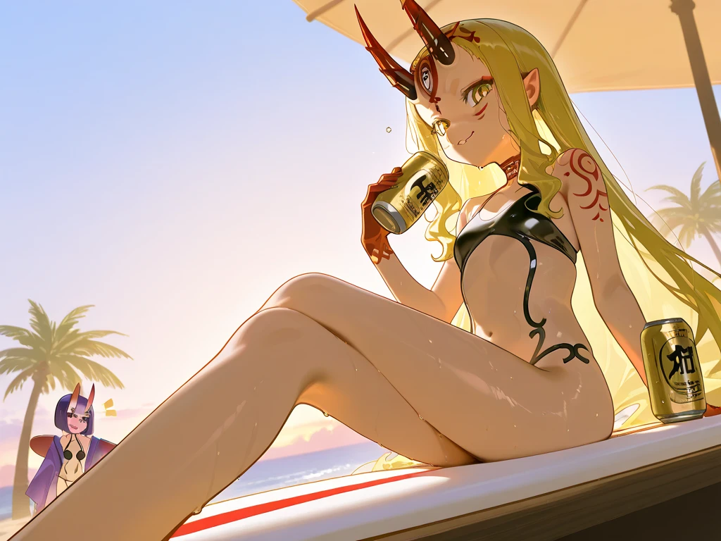 Demon mask, blonde side chignon, smile, swimsuit, cute