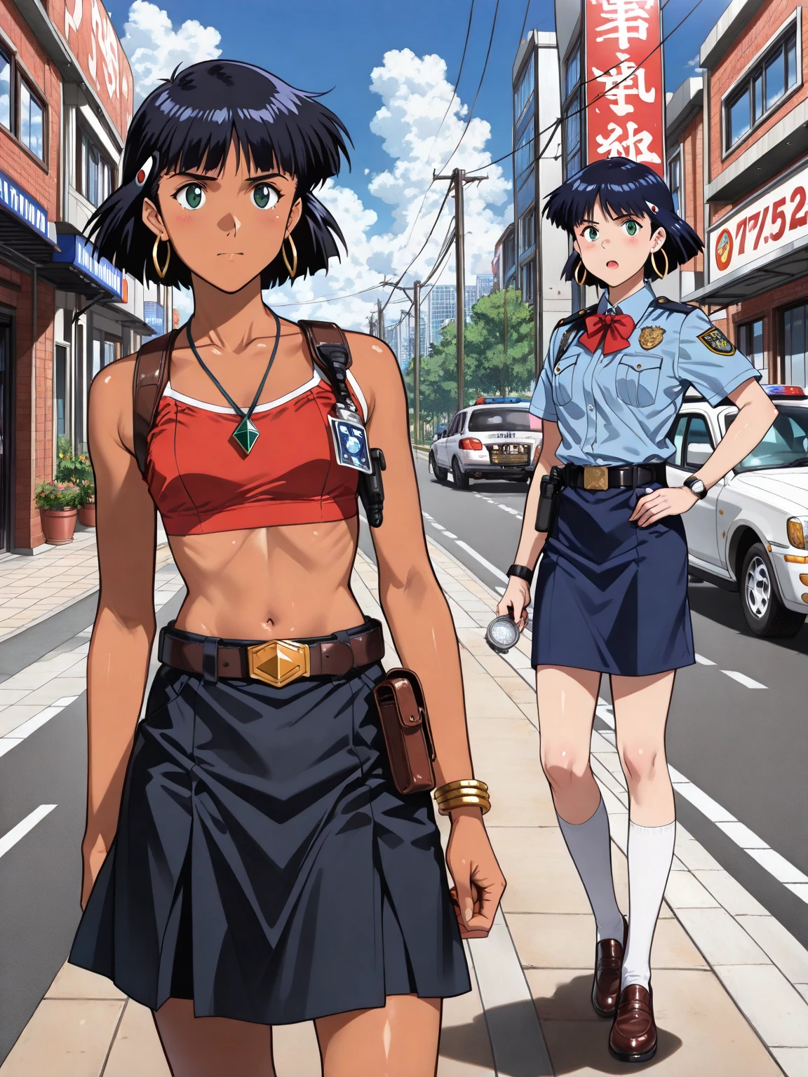 Three gorgeous women (varied height, varied weight, varied race, wearing a towel or less, crazy hairdo, crazy jewelry, tend towards fit and hourglass figure) are on their cell phones live streaming about how scared they are. A Titan (Attack on titan, a gigantic pot bellied titan man with overly big open mouth) is about to eat them. streets of tokyo