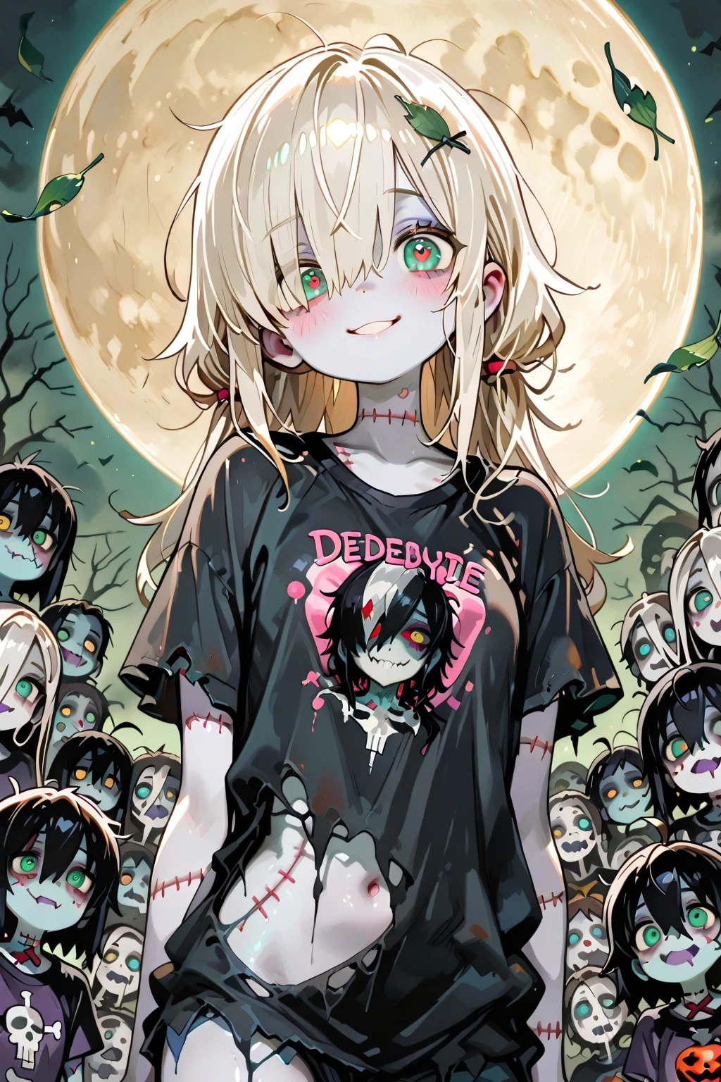 logomkrdsxl, logo of both teams, cute girl with sunflower hair ornament vs. cute zombie man,