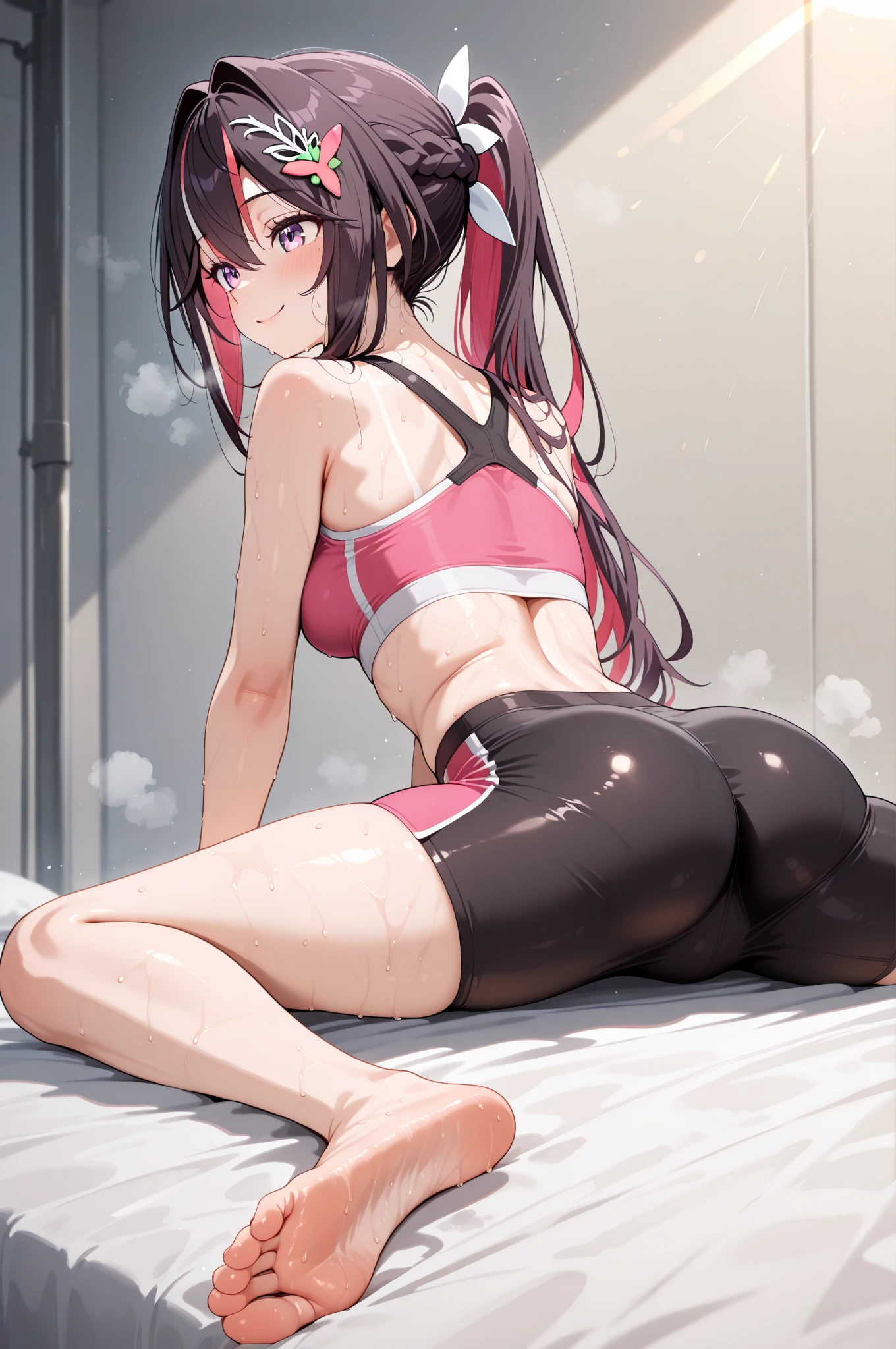 masterpiece, Superb illustrations, Highest quality, Particles of light, Very detailed, 8k wallpaper, (Vibrant colors:1.2), (girl), look back,Laugh shyly,blush, Laugh shyly, Gaze lovingly at,Medium chest, Black Hair, Messy Hair, Medium length hair, ponytail, Pink Ribbon, Shiny Hair, Glowing Skin, Cute Face, (Pink tennis uniform), Bottomless, Nipples, (Beautiful pink eyes, Shining Eyes), , blush cheeks, Open your mouth, (male:1.4), (male standing behind girl), (Intense sex:1.2), (dorsal position:1.4), Standing puppy, Alienity, (male hold girl's waist:1.4), (View,male性の視点、View from above:1.4),(), National Foundation, Outdoor, Tennis court, sunlight, Shadow,