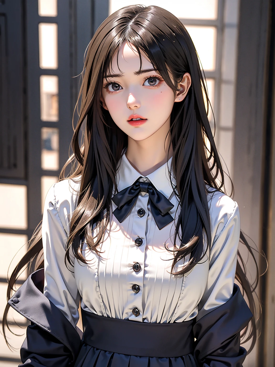 (masterpiece:1.3, top-quality, ultra high res, ultra detailed), (realistic, photorealistic:1.4), beautiful illustration, perfect lighting, natural lighting, colorful, depth of fields,
beautiful detailed hair, beautiful detailed face, beautiful detailed eyes, beautiful clavicle, beautiful body, beautiful chest, beautiful thigh, beautiful legs, beautiful fingers,
looking at viewer, (face focus, upper body), 1 girl, japanese, high school girl, perfect face, (perfect anatomy, anatomically correct), cute and symmetrical face, babyface, , shiny skin,
(long hair:1.4, straight hair:1.7, light brown hair,), long eye lasher, (medium breasts:1.6, tight butt, seductive thighs), slender,
(((long sleeve white shirt, black suit vest:1.4, black skinny miniskirt:1.4, a black bowtie, ), thighs are shiny, pink perspective, very sexy, crotch, seductive thighs, camel toe)), earrings,
(beautiful scenery), office, permanent, skirt lift by yourself, ,