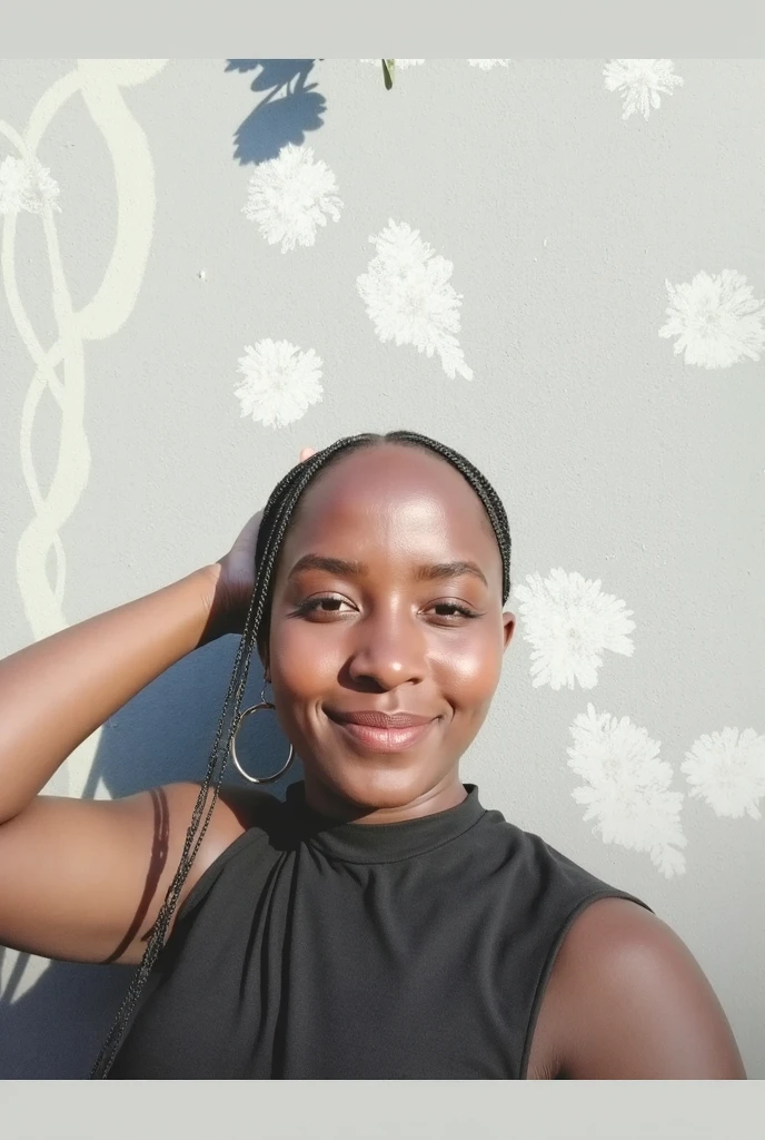 Asha, 1girl, solo, (((Ebony))), (((Dark skin))), (((SFW))), 30 years old, (mature), fully naked, capturing a selfie, taking a selfie shot, smiling, ((wearing a blue blouse))