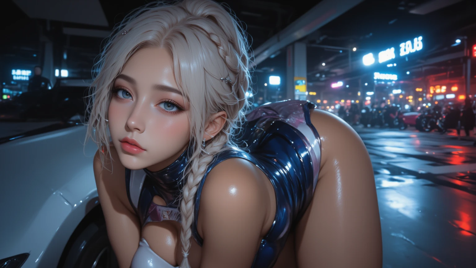 1girl, 1boy with erected penis, fellatio, POV, povfellatio, oral sex, suck penis, cum, cum on body, nsfw, cyberpunk, robotic armor, (masterpiece: 1.4), (8K, realistic, raw photo, best quality: 1.4), nipple areola shape clear, nude, Japanese girl, beautiful cute face, (real face: 1.4), beautiful hairstyle, realistic blue eyes, beautiful detail eyes, (real skin: 1.3), beautiful skin, attractive, ultra high resolution, ultra realistic, off-sheller, night view, cinematic lighting, white colored hair, long hair, twin ponytails, blue ribbons