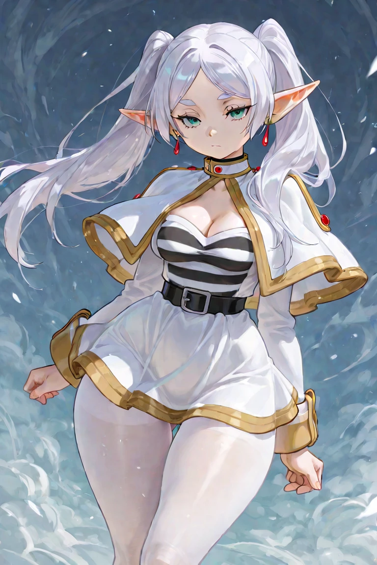 elven girl,dynamic pose,fight,silver long hair ,large breast,BREAK,navy polyester leotard,cutout between underboob,black short sleeves,BREAK,boots,red long gloves