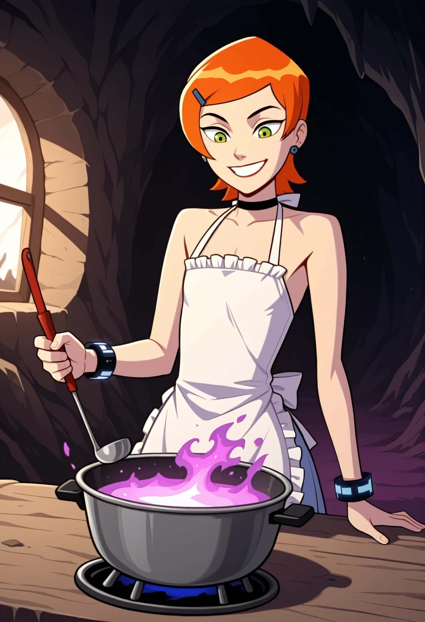 Gwen Tennyson . ginger . short hair . green eyes . flat breasts, flat chest, huge hips . slim body . choker . | top quality, Artistic Gem, Super detailed description, Side Face of a Girl Who Concentrates on Cooking, Pastel Dress, Frilled Apron, Magical Wrist Bracelet, Magical glowing ladle, magical potion Stove with a Purple Magic Team Shines, Magical Numbers Showing Temperature, Glowing Cookware Flying Through the Air, Magically Controlled Fire Level, cave bed with Large Windows, Fresh morning light, Happy potion making time