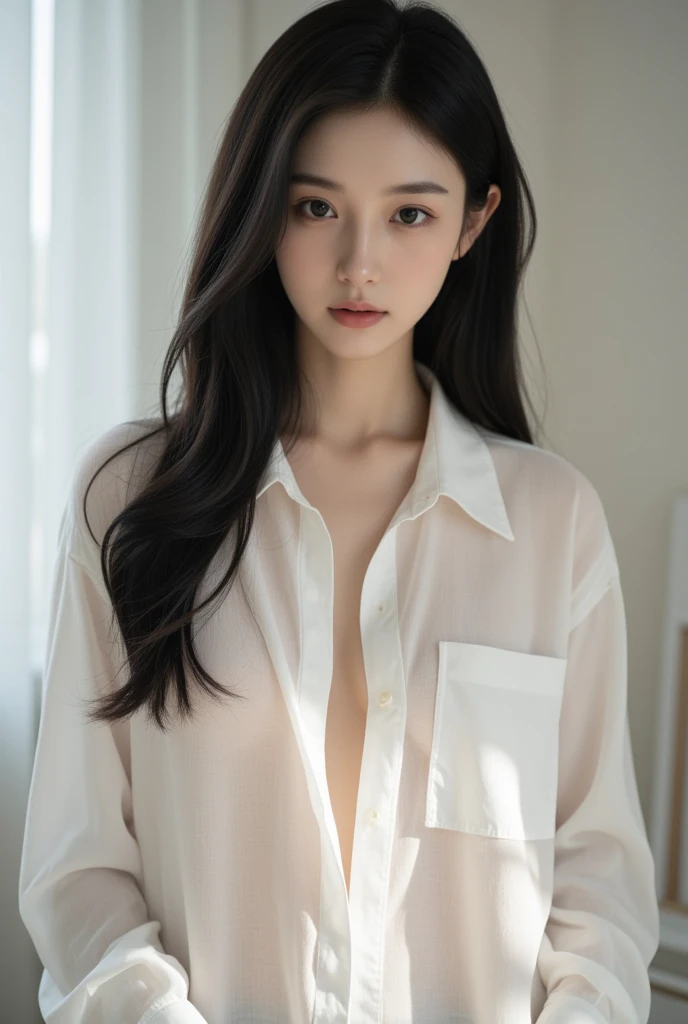 Top quality, RAW Photo, Highest Quality Image, 16K, Full body, Age 22 years old, Realistic, Photorealistic, Beautiful Asian woman, Sexy, body, White pale skin, Beautiful hair, Wavy hair, Brown Hair,, Short hairstyle, Detailed face, Detailed body, Detailed skin, Double eyelids, Big eyes, long eyelashes, bright eyes, green eyes, natural lips, detailed lips, Saggy breasts, Very Small breasts, Flat Breasts, long shape breasts, posing in bedroom studio, sunny day light, wearing white see through shirt with all unbuttoned, no bra, Camera angle from below