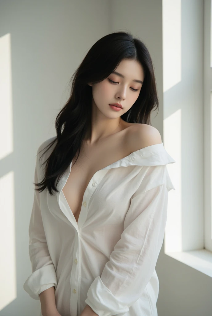 Masterpiece, Top Quality, Ultra High Definition, Colorful, Flat Color 1 girl, watching viewer, girl in the korea karaoke, sweaty cheeks, detailed texture, white blouse, blue jeans, deep cleavage, beautiful detailed face, adult atmosphere, exposure, upper body up, blurred background, (black wave hair with bangs), big: 1.4, ANNAA, (Standing in front of the door)
