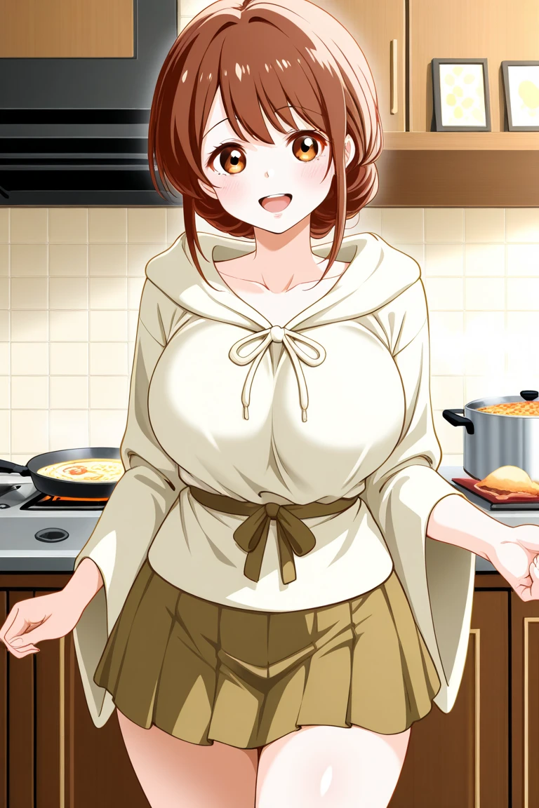 Motherly one Sided Plait, brown hair, v-neck navy blue shirt, long skirt, generous cleavage, solo girl, wide hips, yellow apron, motherly, emerald eyes, dynamic lighting, mature, Pokémon SV mother, hair over one side of her shoulder