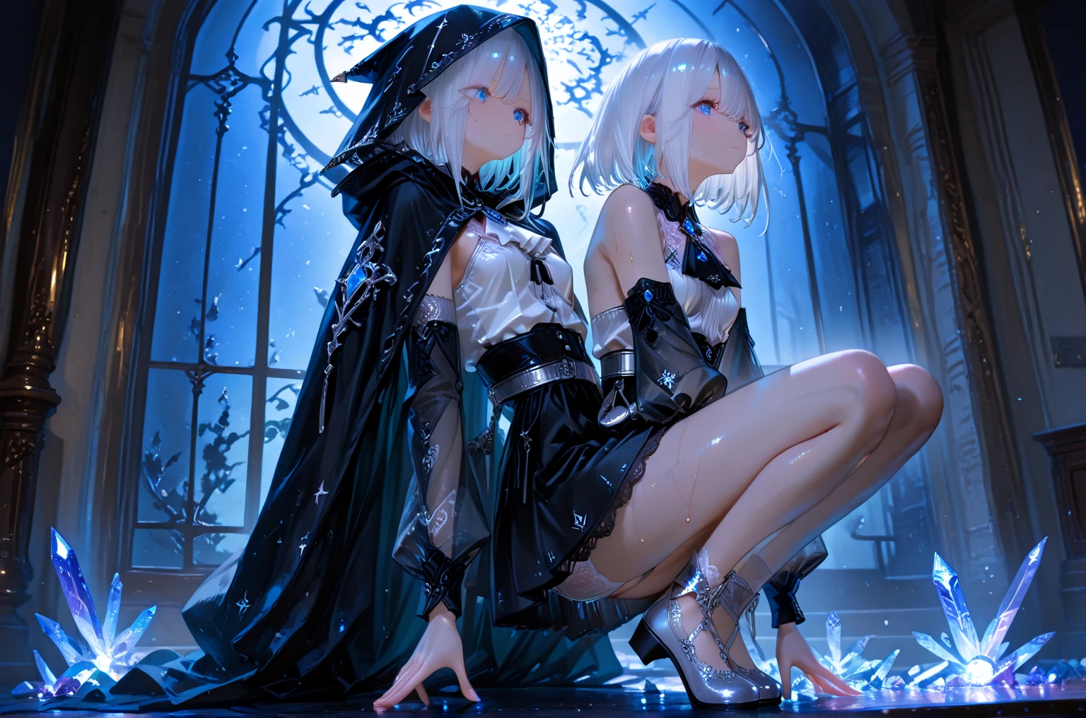 Platinum Hair、Adult women、Blue Eyes、Witch Robe、Being attacked from behind by a monster、My breasts are being touched、The whole body is dirty、Crying for help、Big Breasts