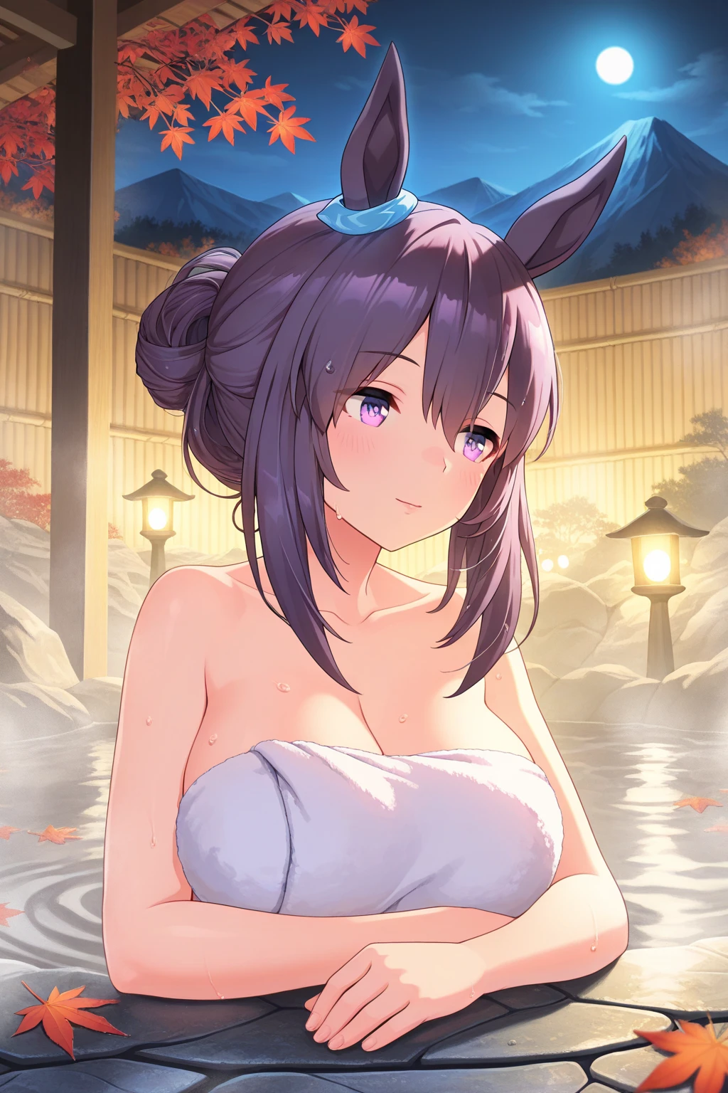 kaede_\(blue_archive\), masterpiece, 1 girl, ((topless)), underboobs, intricately detailed, huge nipples, puffy nipples, navel, bare shoulders, black hair, extremely detailed, game, bare stomach, sweaty, moist breath, collarbones, sweaty, embarassed, open mouth, yellow eyes, japanese garden, scenery, hotspring, animal ears, bathing, night, steamy, short girl, oppai , short height, tired, nude, japanese lamp, halo, rocks