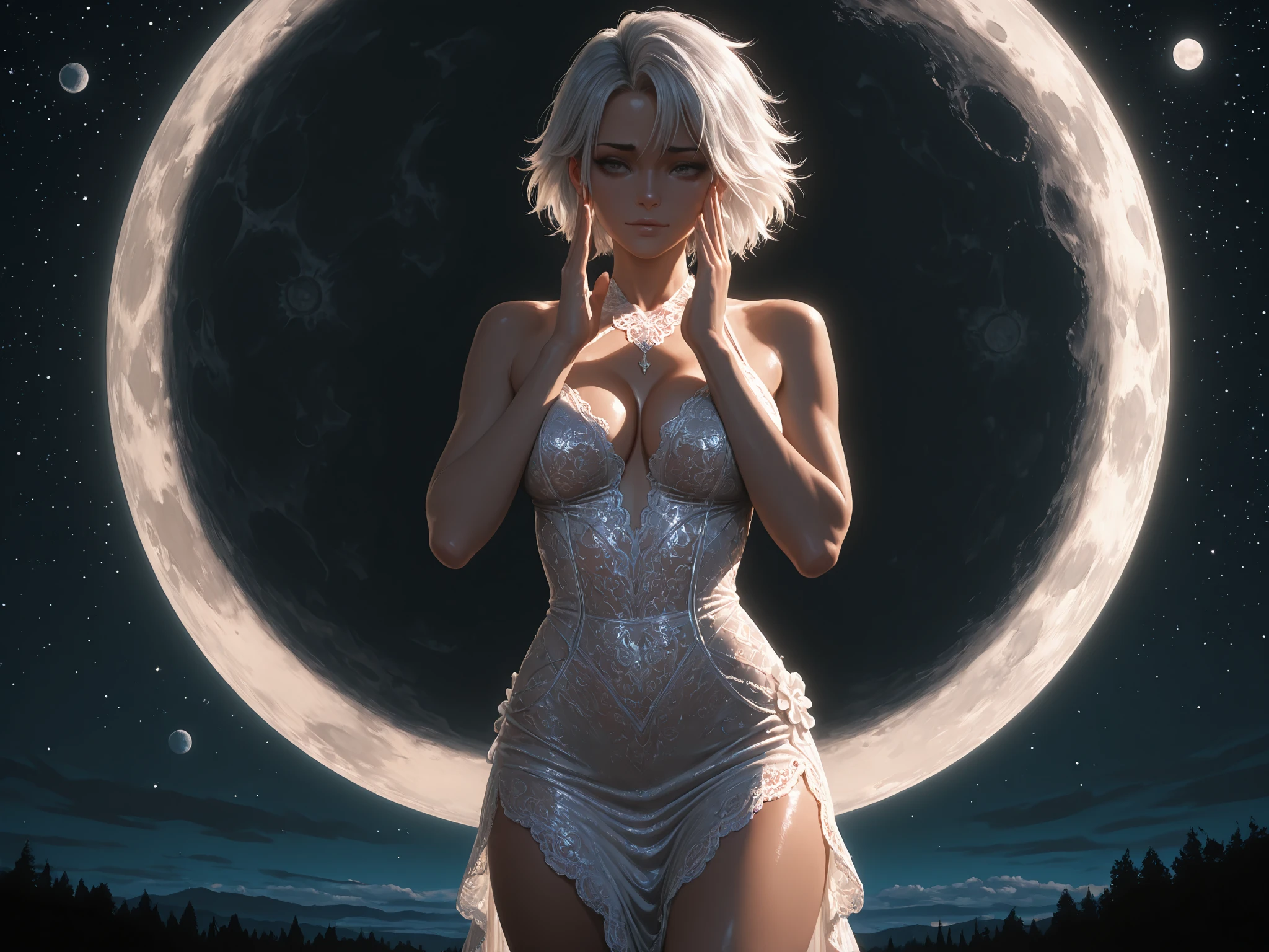 Best quality, girl and man against the backdrop of the moon with glowing tattoos, poster in telegram, Ether Moonlight Mix