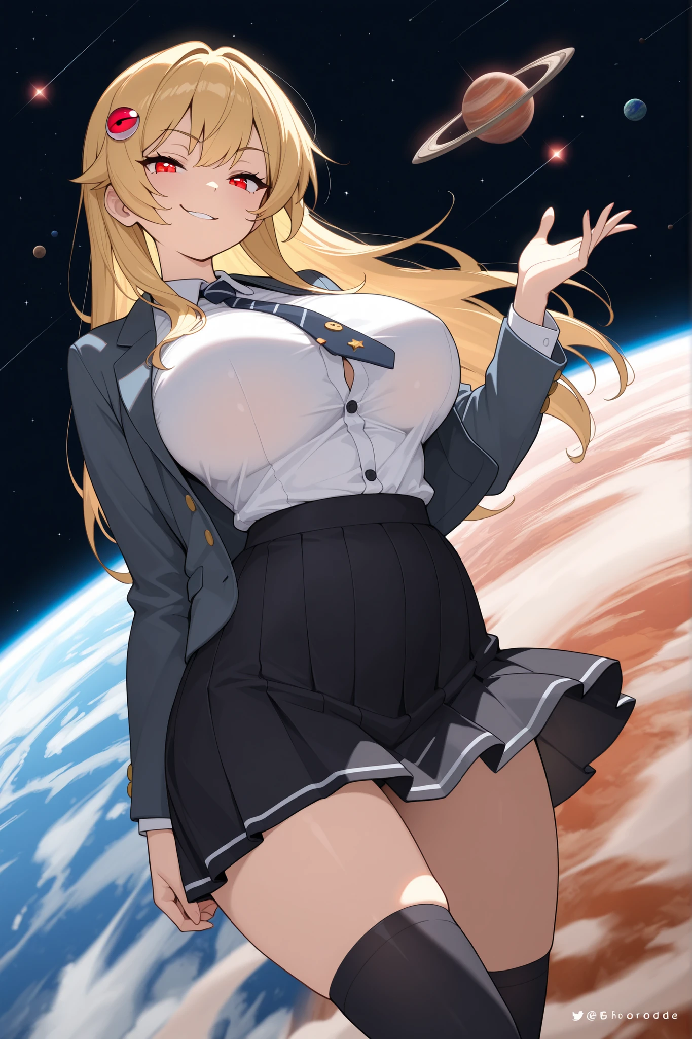 masterpiece, best quality, <lora:sunsensei-nvwls-v1-000008:0.9> sunsensei, gradient hair, sunglasses, eyewear on head, collared shirt, sleeves rolled up, brown skirt, belt, pantyhose, bracelet, large breasts, open shirt, cleavage, outer space, looking at viewer, surprised, blush, upper body