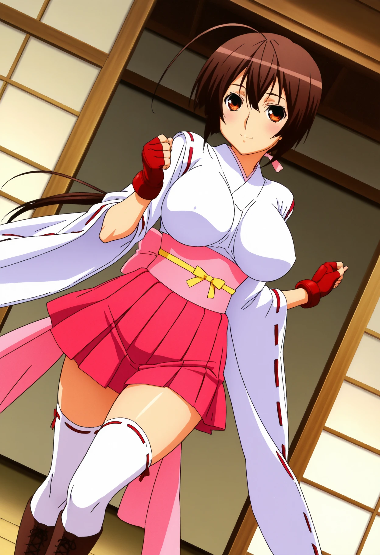 masterpiece, best quality, beautiful art, high resolution, well formed hands, body and fingers, 1 woman, solo, Chizuru Minamoto, 31 years old, red makeup, red lipstick,adult, grown up, cosplaying as Mai Shiranui , mai_shiranui_cosplay, adult, large and round breasted, cleavage, full body , hair ribbon, gorgeous legs and, thighs, sexy Japanese clothes, hair ornament , sexy and bare legs , hips and thighs, panties peek,fighting in a combat match, showing her fighting skills, making her guard, about to hit the viewer, looking at the viewer, panties peek, sweating, bouncing breasts, smiling joyfully and brightly, seductive face, being confident and proud, action and fighting scene, martial arts tournament on the beach