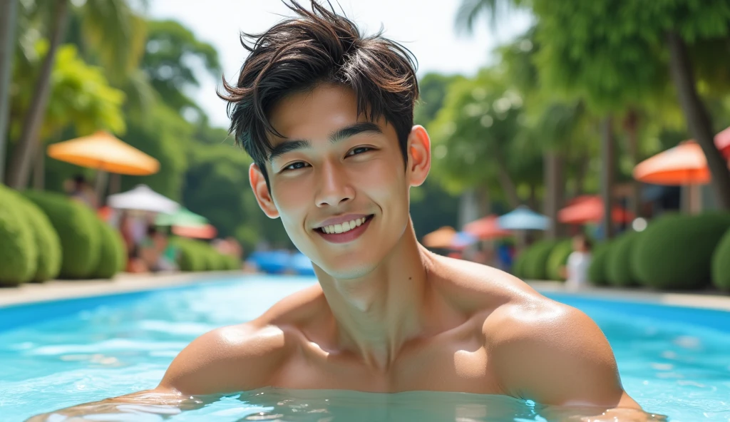 In the charming picture there is a handsome Korean man with his smile., His charm radiated as he proudly showed off his sixpack in a full standing pose.. He wore a white sexy bikini that highlighted his figure, He stood in the middle of an outdoor environment., Bathed in the golden light of a beautiful day. With unparalleled attention to detail., This photorealistic portrait combines the style of National Geographic., Capture every detail of his textured skin in 8k resolution. Leica digital SLR camera. His features were clearly visible., From the deep-set eyes to the chiselled jawline., Make this image a true masterpiece..Lift. (8K UHD、RAW Photography、Photorealistic Portrait Leica Digital SLR、Lifelike images)
