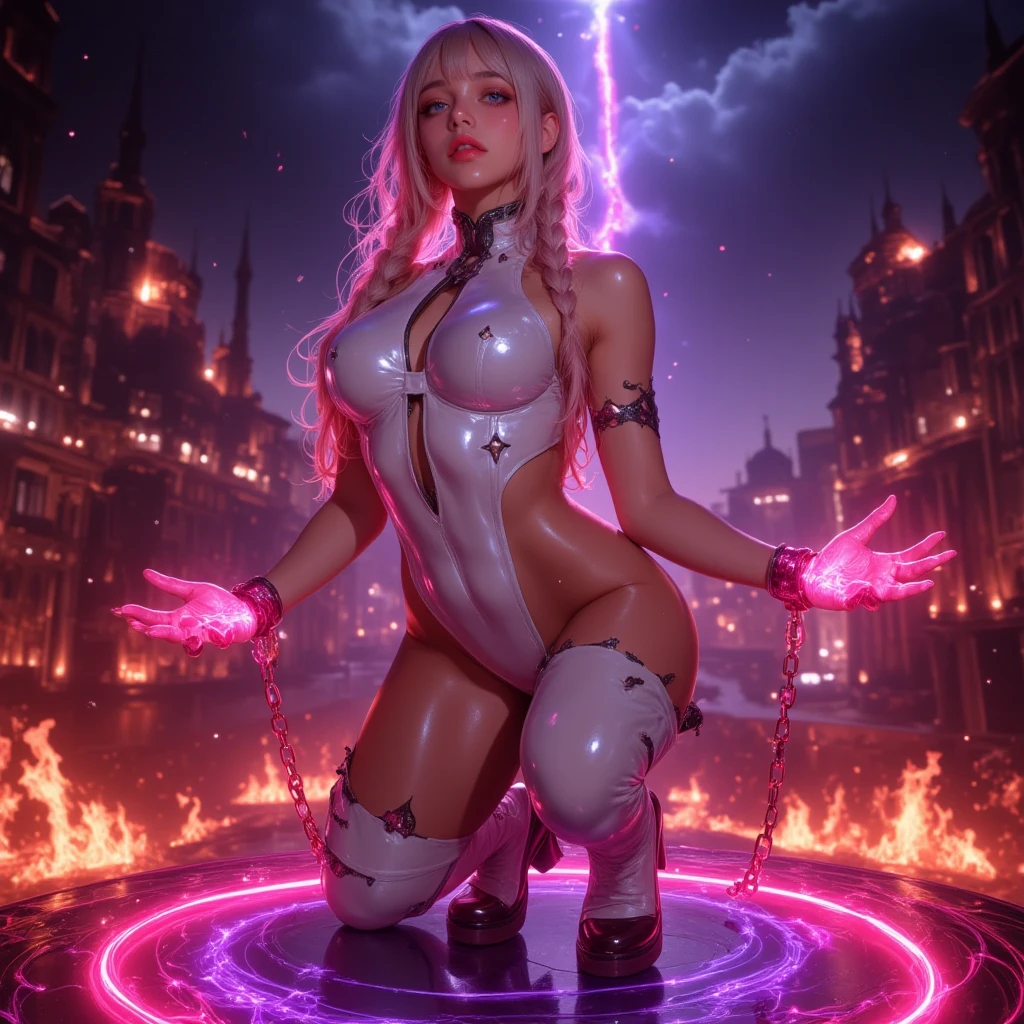 SOLO, (extremely detailed CG unity 16k wallpaper:1.45), Red striped green full body armor, Double lift master, Look up at the sky, The white-haired girl spread her arms to the left and right, Bright lights, ((Suspended colorless crystal)), ((Hand dragging purple Lightning)), neon-light-effect, Wear beautiful high heels, red capelet, Take a full-body photo, Huge moon background, Lightning in hand, full body, ((ultra-detailed)), (detailed light), ((evil smile)), ((an extremely delicate and beautiful)), (((Many Lightning bolts are connected together))), perfect eyes, Perfect iris, Huge moon background, french braid, gradient hair, (god rays:1.5), (illustration), atmospheric perspective, foreshortening, glowing light, Cinematic lighting, from side, Perspective, (((best quality))), (((masterpiece)))