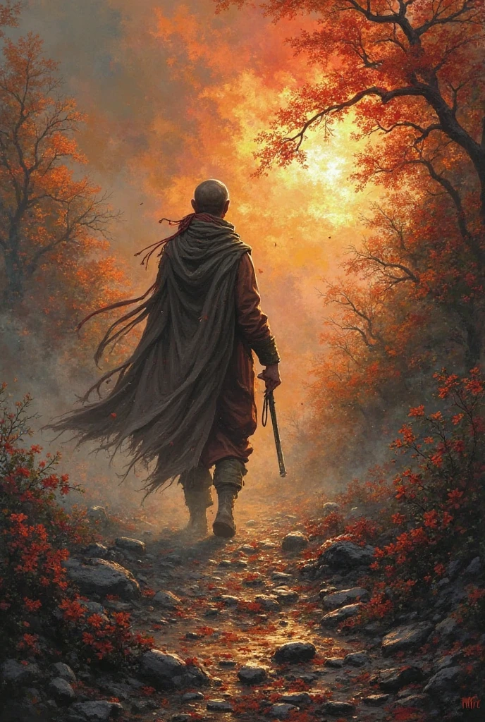 Bleak autumn,Falling leaves,A swordsman wearing a cloak,Face away from the camera,Facing the distance。Blurry mountains in the distance。