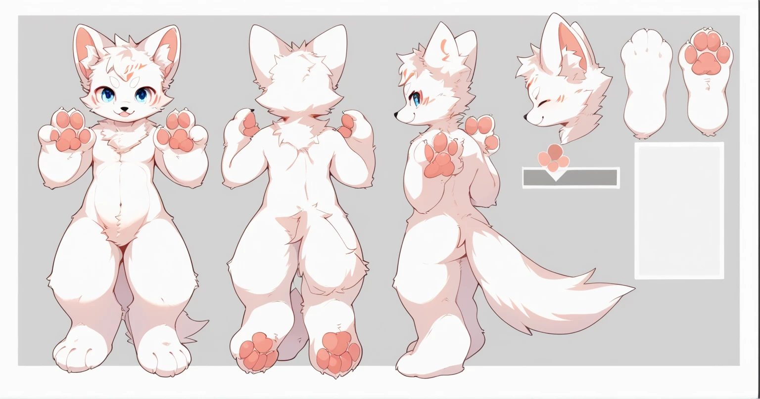 Solo:1.2, an all white male anthro wolf boy, feminine, femboy, short white hair, purple eyes, cute wolf tail, fluffy white wolf ears, slender body, by fumiko, by hyattlen, by claweddrip, by hioshiru,  plantigrade:1.3, naked, barefoot, standing, no background, front and back view, small penis