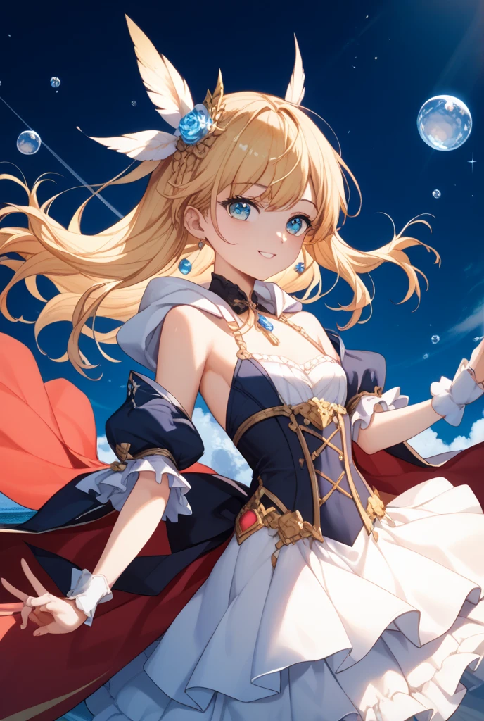 best quality,(long train blue cape:1.15),(long train white ball gown with floral decoration:1.15), a girl is wearing a cape over her dress, anime style, rococo style, little princess, tiara, kind smile, very long hair, small breast, perfect fingers, masterpiece