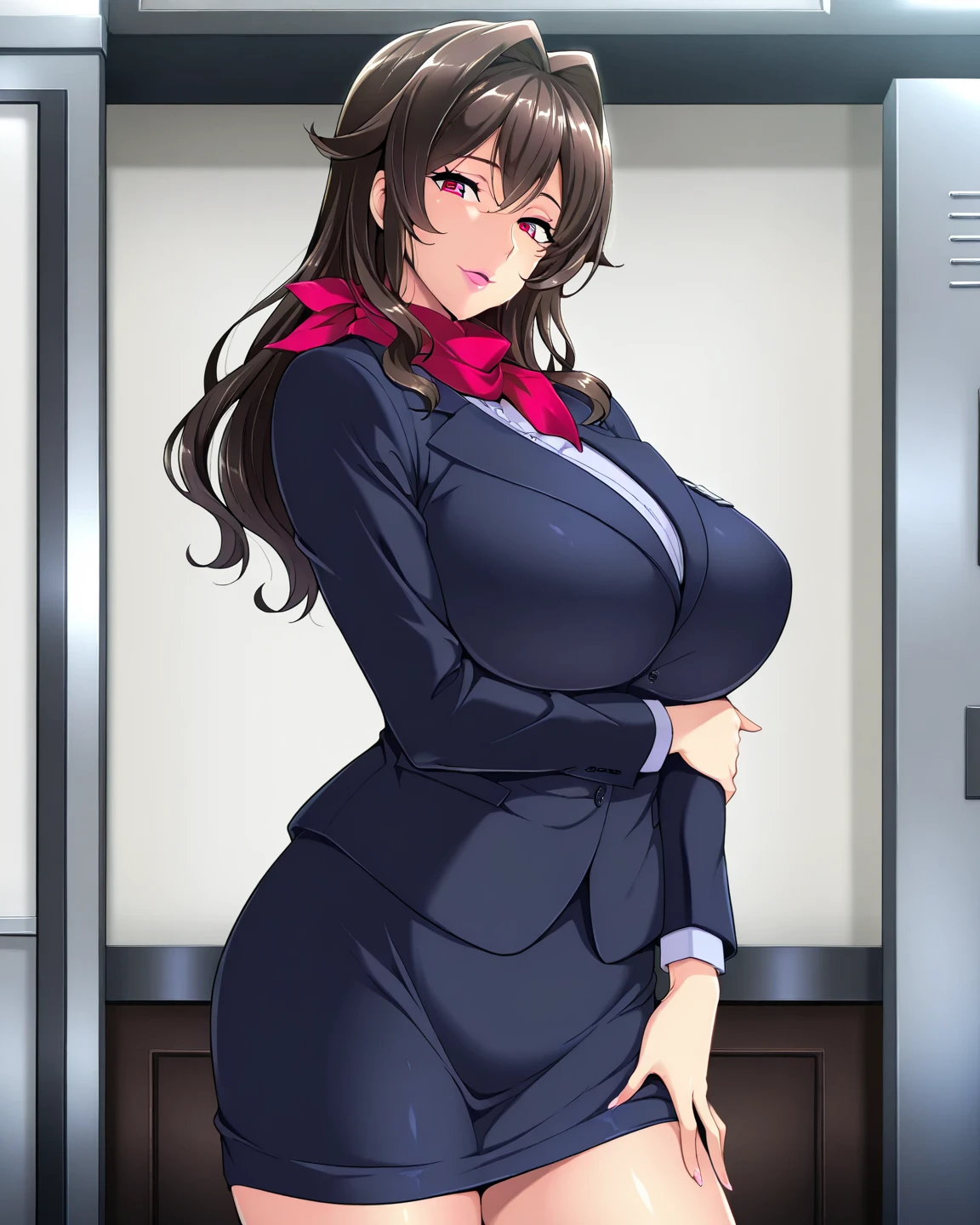 Sexy brunette with long hair, wearing white nurse's uniform, in her office, big lips, cleavage, huge breasts, milf, thick and muscular leg, depth of field, cinematic lighting, anatomically correct, high detail