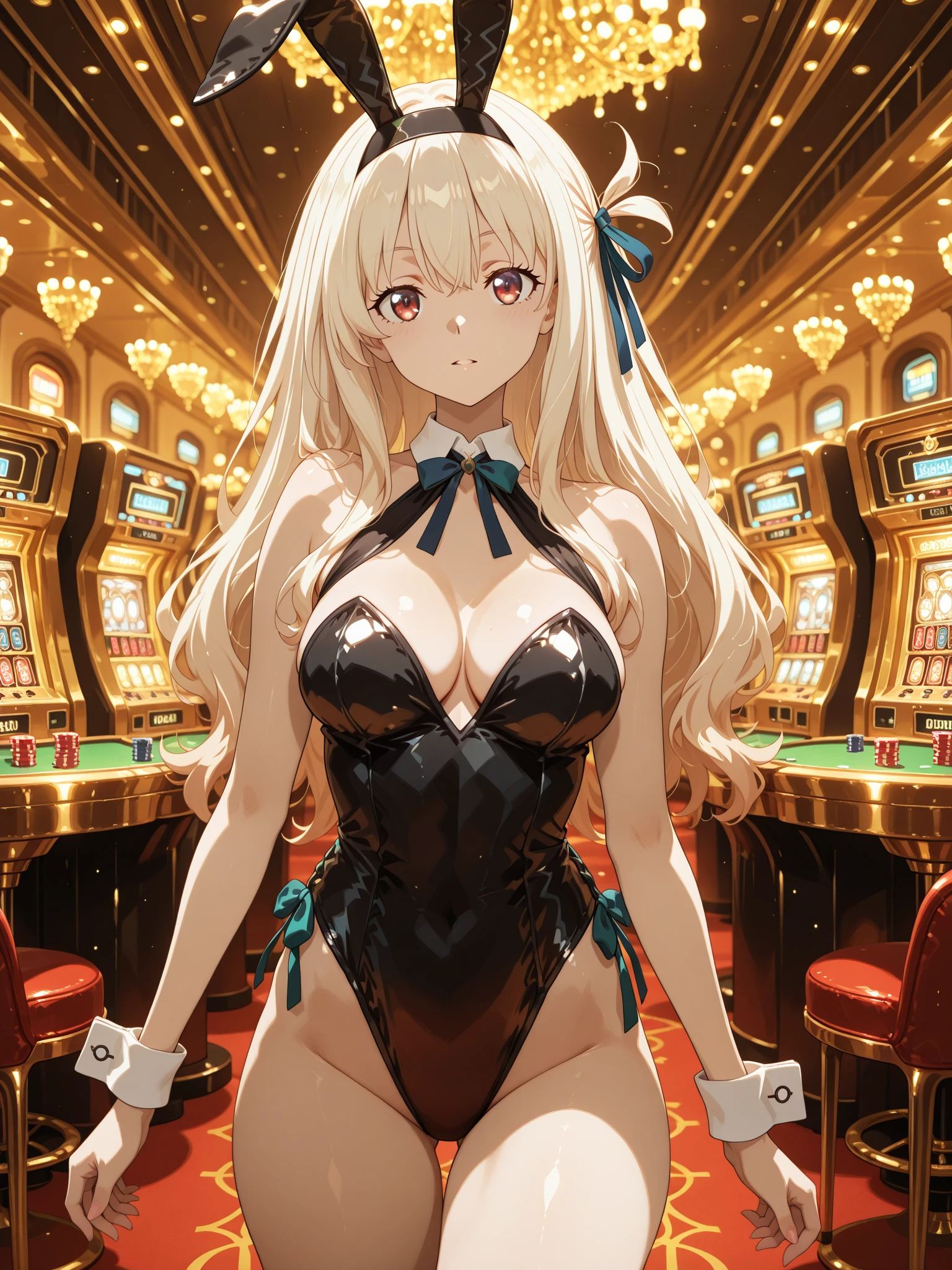 indoor,B1, Hair Bun, smile, sadistic smile, Put your arms behind your head:1.4, belly button, Long Hair:1.4, pantyhose,good,Large Breasts,latex, Raglan sleeves, Pink ribbon, Pink Eyes, Wavy Hair,(Highest quality), Realistic, (live-action, Intricate details), ((Japanese female college student squatting at the casino, Place your arms between your legs)), ((Playboy Bunny, Bunny ears, black Bunny ears, fake Bunny ears, pantyhose, black pantyhose, bow tie, Wrist cuff, Black leotard)), ((:1.4)), (blonde Long Hair:1.3, Short bangs), (neat face, Lips parted), Darker skin, hard lighting:1.3, Roulette table, Slot Machines, Full Body Shot,From below,sadistic smile,Fishnet stockings,bright Pink Eyes,Glowing Eyes,Open your mouth、Sticking out tongue、Nipples are visible、naked、Showing her breasts、Drooling、Painful face、Nipples are visible
