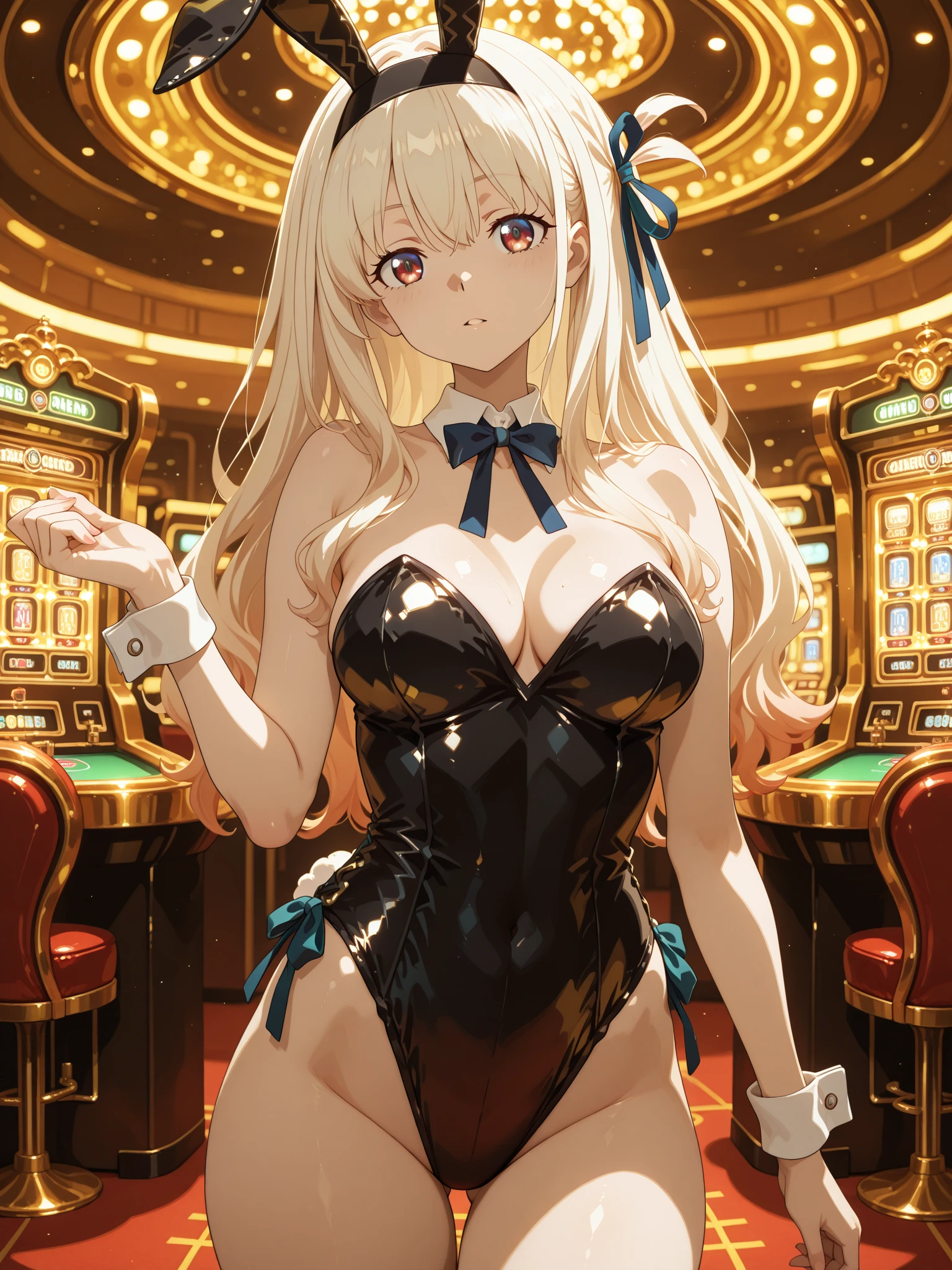 indoor,B1, Hair Bun, smile, sadistic smile, Put your arms behind your head:1.4, belly button, Long Hair:1.4, pantyhose,good,Large Breasts,latex, Raglan sleeves, Pink ribbon, Pink Eyes, Wavy Hair,(Highest quality), Realistic, (live-action, Intricate details), ((Japanese female college student squatting at the casino, Place your arms between your legs)), ((Playboy Bunny, Bunny ears, black Bunny ears, fake Bunny ears, pantyhose, black pantyhose, bow tie, Wrist cuff, Black leotard)), ((:1.4)), (blonde Long Hair:1.3, Short bangs), (neat face, Lips parted), Whiter skin, hard lighting:1.3, Roulette table, Slot Machines, Full Body Shot,From below,sadistic smile,Fishnet stockings,bright Pink Eyes,Glowing Eyes,Open your mouth、Sticking out tongue、Nipples are visible、naked、Showing her breasts、Drooling、Painful face