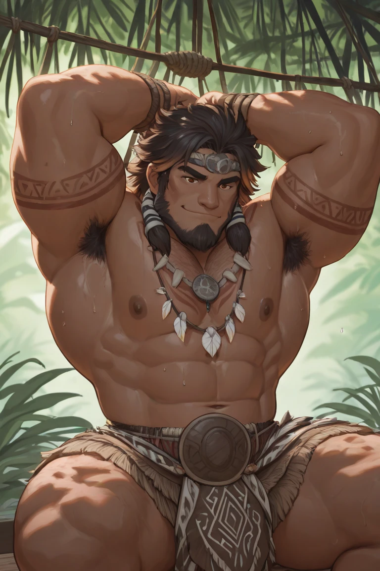 Title: Kraven the Giant - The Monstrous Hunter's Intimidating Display

(Best Quality, 4k, 8K, high resolution, Masterpiece: 1.2)

Kraven the Hunter, portrayed as a muscular giant, flexes his colossal and bulging biceps with an expression of unyielding determination. His tanned, toned skin glistens in the dimly lit jungle, highlighting the intricate details of his muscular physique. Kraven's massive arms are adorned with intricate tattoos, further emphasizing his intimidating presence. His hunter's outfit, complete with the iconic
