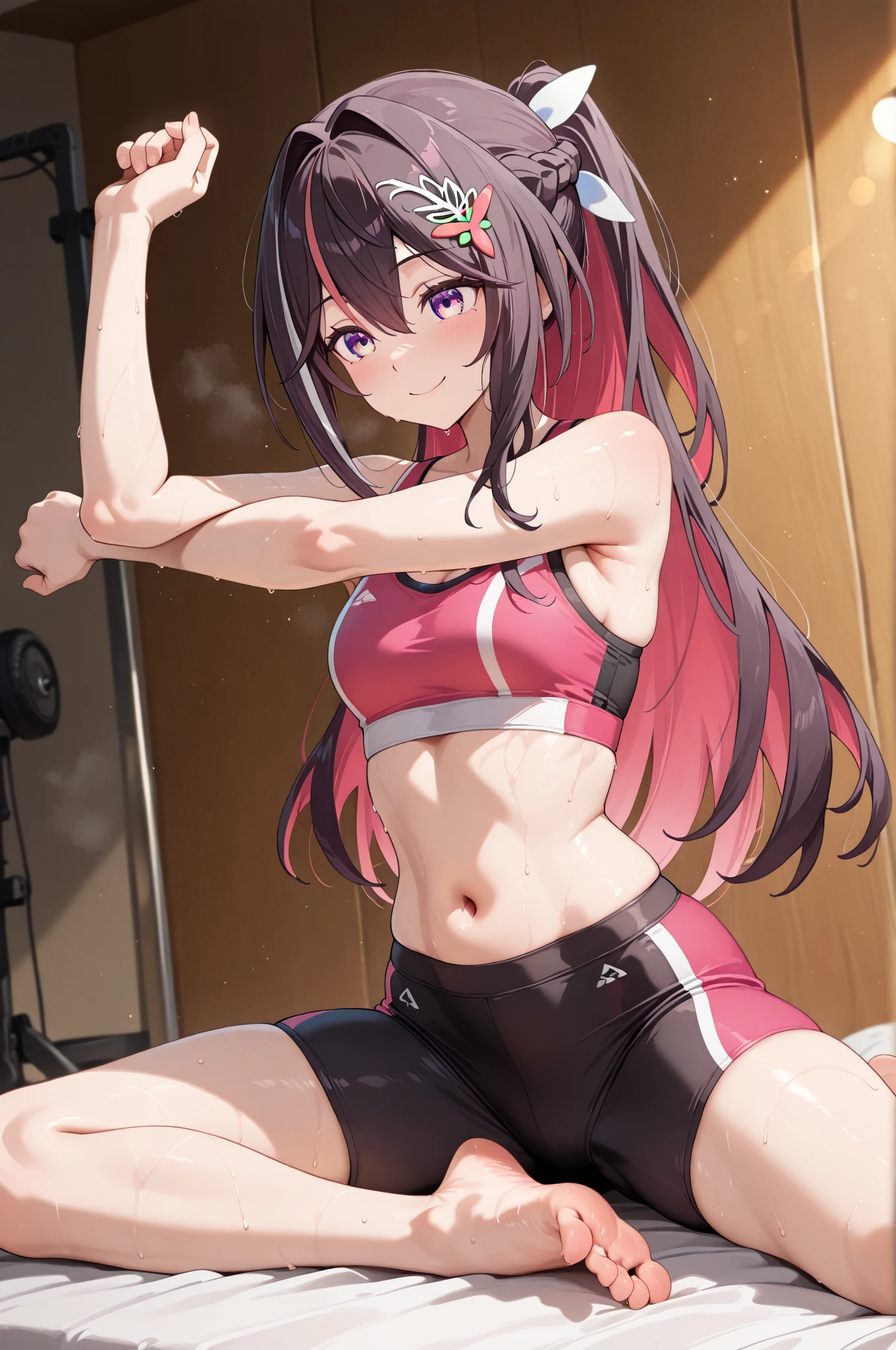 1 cute muscular girl，Has short black hair，coordination，Strong arms，Eight-pack abs，whole body，football，strong legs