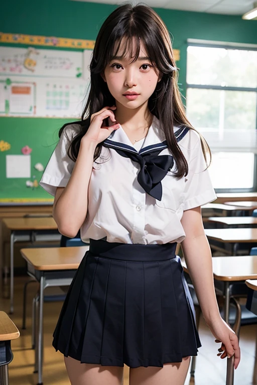 asterpiece, highest quality, 8K, , RAW photo, award-winning portraits, alone, noon, idol face,whole body,violaces, delicate girl, whole body, Completely naked、Digital single-lens reflex camera, looking at the viewer, shy smile、shame、flushed cheeks、thin arms, small breasts, nipple, small ass、thin waist、Frank, Sophisticated, like々New, thin arms, professional lighting, film grain, black eyes,chromatic aberration, (detailed eyes and face:1.0), (Bokeh:1.1),(hyper pretty face:1.2),(japan student sailor uniform:1.3),(dark color pleated skirts:1.2),white blouse and school ribbon, above the knee,(cute girls in the classroom:1.3),(angle from the front:1.3), (skirt lift:1.3),(pussy:1.3),looking at the viewer