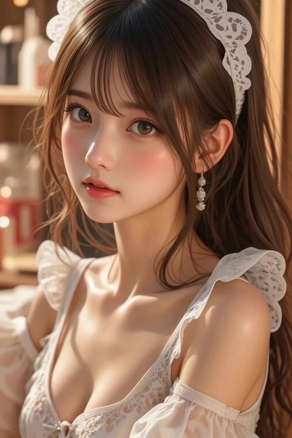 (masterpiece:1.5)、(Realistic:1.5)、(Highest quality:1.4、8k、RAW Photos）、
Ultra-high resolution、Professional Lighting、Perfect dynamic composition、indoor、
Film Grain、chromatic aberration、(Bokeh:1.1)、
Frank、Sophisticated、charm、Surreal、Attention to detail、Golden Ratio、
(1 girl)、Slender girl、繊細でcharm女の子、Cute Woman:1.4、
Serious expression、Looking at the audience、
Light brown hair、Shiny Hair、Random Cute Hairstyles、
Realistic looking skin、
Shut your mouth.、Beautiful Eyes、double eyelid、Thin arms、Large Breasts
(Wearing underwear)