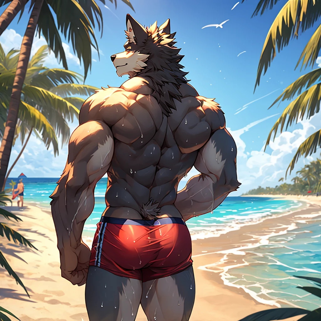 (4K resolution, realistic), bara, lifeguard, man with bread, half-wolf half-human, human appearance with wolf ears and tail, shirtless, strong muscles, confident expression, beach setting, sunny day, waves, lifeguard tower, sunglasses, sunscreen, whistle, rescue buoy, high energy, alert, muscular physique, wolf-like agility, protective instincts, tan skin, wet hair, athletic build. he has black hair and hairy. He has a faded mohawks and bushy beard, and have a big black wolf tail He has red shorts he has short hair , and hes is naked