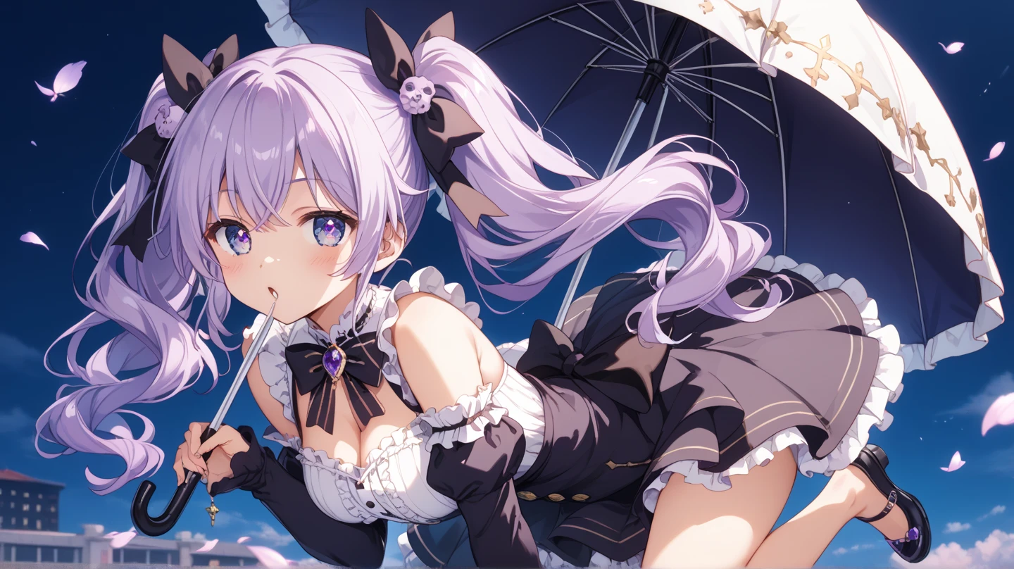 Remilia toho character, (solo), (standing on deck of mansion:1.1), a full moon, BREAK, collarbone, large perky breasts, cleavage, (inconceivably thin waist), (very short thin torso:1.2), very long thin legs, thigh gap, BREAK, white dress with (plunging neckline), (brown wiry corset cinches waist too tight:1.3), too short white miniskirt, (light blue thighhighs), BREAK, nose blush