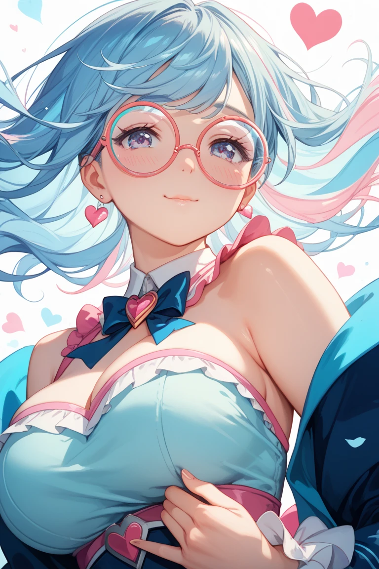 (rainbow colored hair, colorful hair, half silver、half pink hair: 1.2), ,long hair、(Cinematic digital artwork: 1.3), high quality, table top, Turquoise eyes、最high qualityの, Super detailed, figure, [4K digital art]!!、 Kyoto animation style, one woman, clavicleの美しさ, clavicle, light, want, blue sky, positive, Dead leaves dance、full moon、((body stockings))、scarlet polka dot unset, motivation, shine, dynamic perspective、Blue glasses、Green ribbon、twin tails、embarrassed face、cute face、happy face