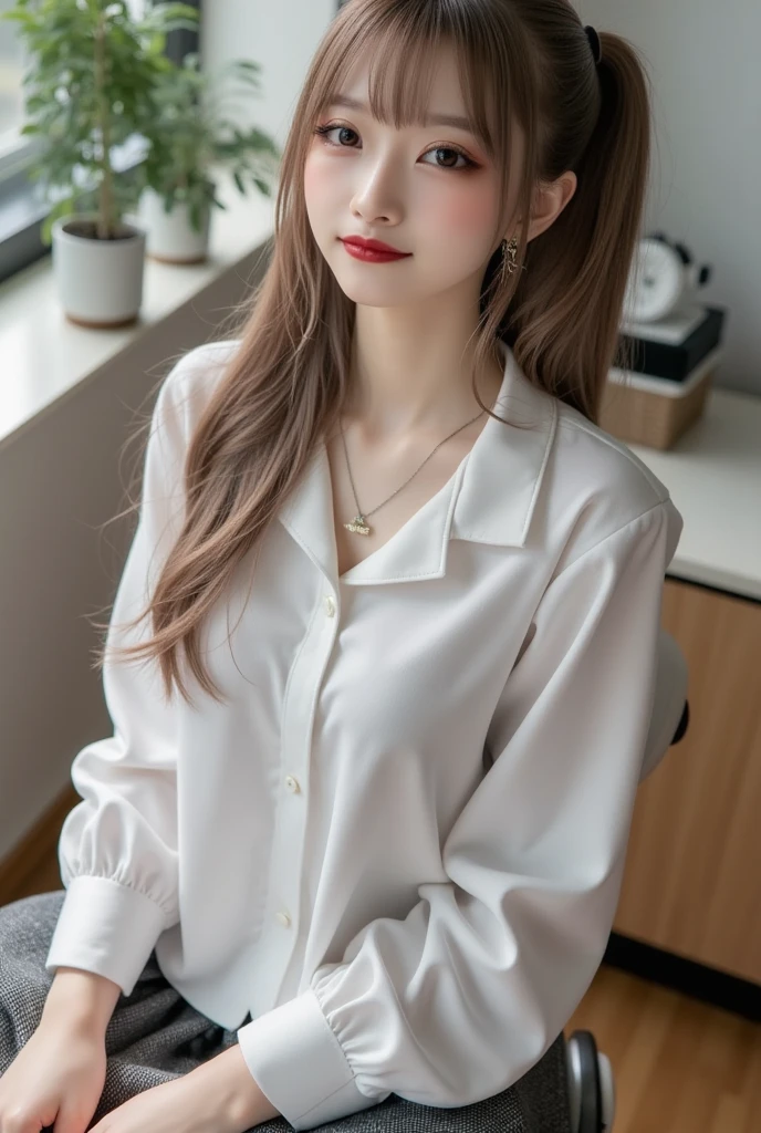 ulzzang -6500-v1.1, (Raw photo:1.2), (Photorealsitic),(Real: 1.4), masutepiece, Best Quality, Illustration, Ultra-detailed, finely detail, hight resolution, 8K Wallpaper, Perfect dynamic composition, Beautiful detailed eyes, ladies business fashion, harsh trial, Ultra-realistic pantyhose:1.2, Skirt and thighs、Medium Hair,small tits, Natural Color Lip, Bold sexy poses,Smile, materia、A 23-year-old girl、Cute、Sexy shot looking at camera