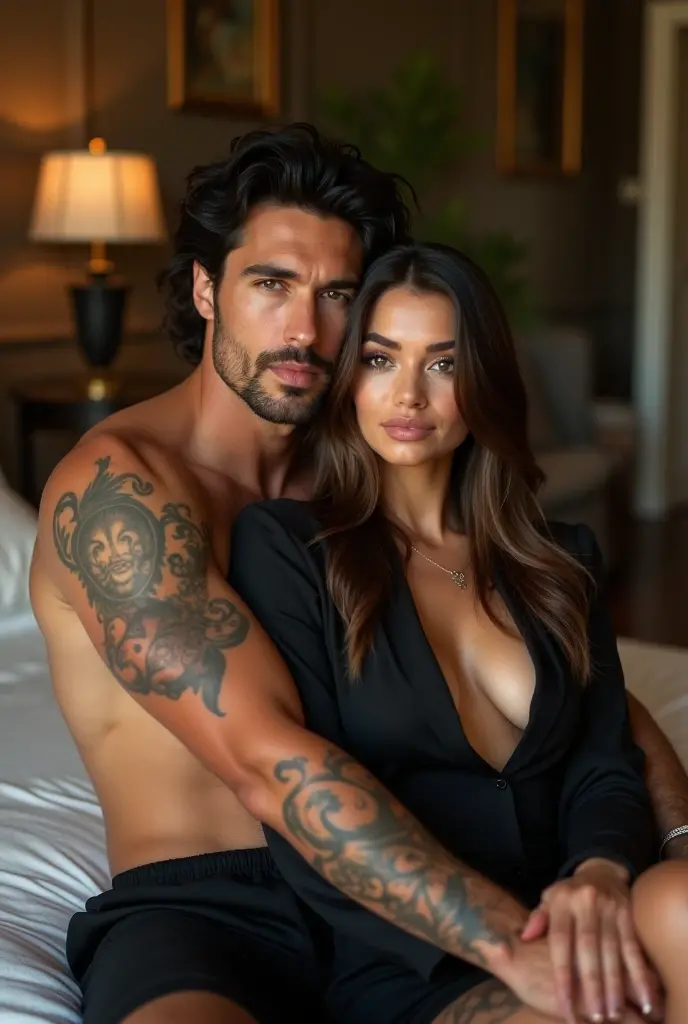 beautiful Instagram model, (long black hair, wearing a beautiful bikini ) , with her friend , A handsome man with wavy brown hair and perfect body in the style of gerard butler with sixpack and muscles and a lot of blackwork tattoos , full body view, ((big boobs)), (hourglass figure), (white girl), detailed face, beautiful eyes, luscious lips, cinematic lighting, photorealistic, highres, 8k, (best quality:1.2), (realistic:1.37) , (full body view), in the ocean, swimming, ((FRONT VIEW))