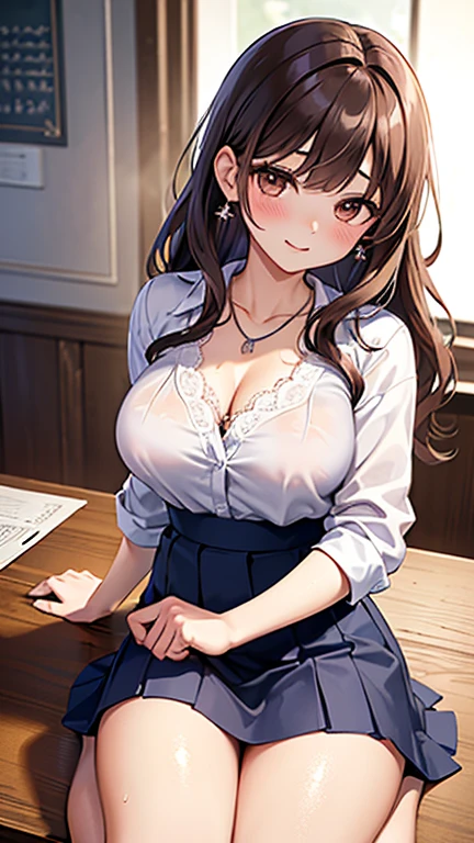 1 woman, high resolution, Long hair, Ponytail, High Detail, Best quality, masterpiece, Huge Breasts，Large areola，translucent shirt，Short skirt，at home，nipple