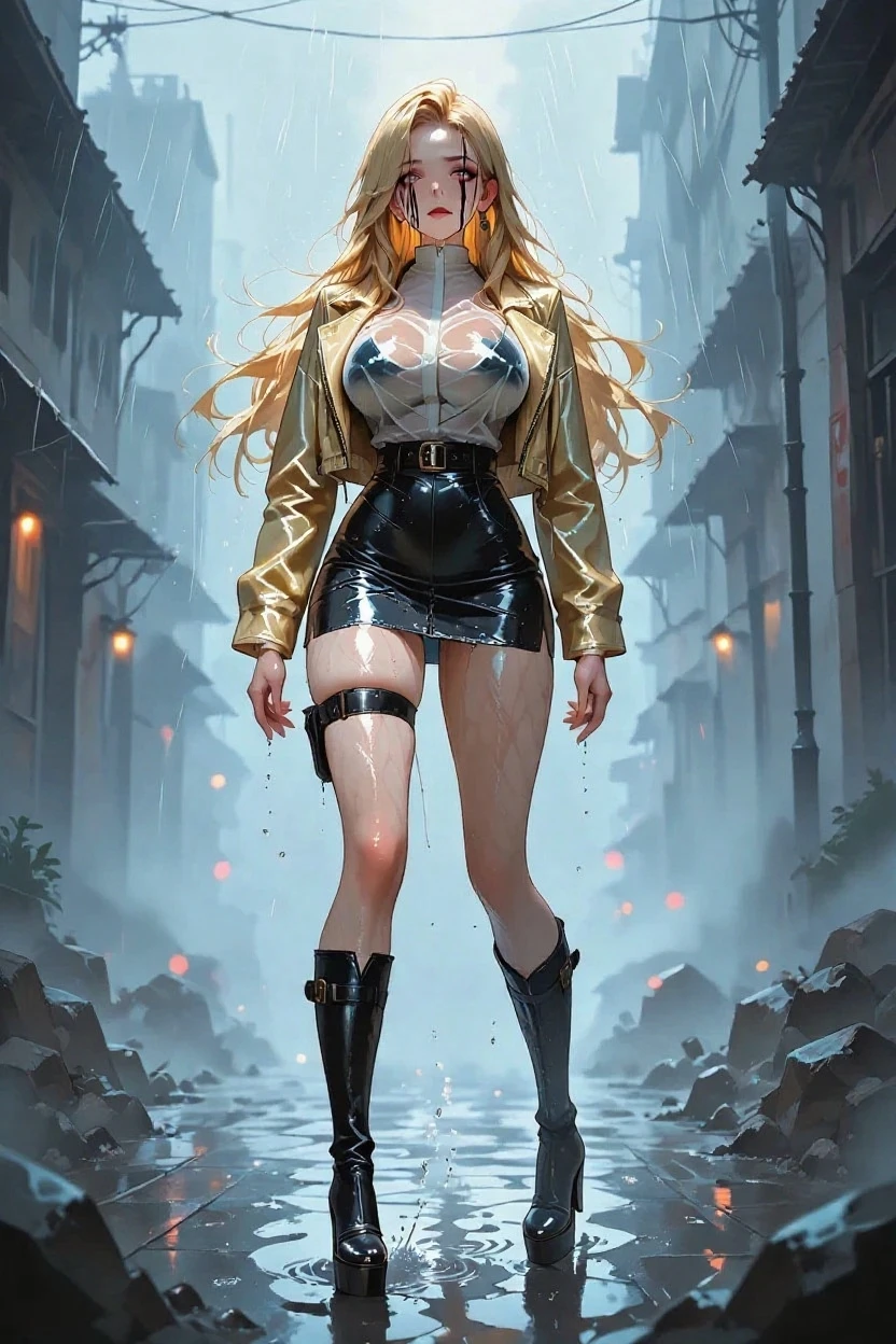 top-quality、Top image quality、​masterpiece、girl with((20yr old、Best Bust、big bast、Bust 85,Red eyes to issue、Breasts wide open,Valley、Blonde long hair、A slender、Large valleys、Slouching posture、Black leather jacket、Blue suit with an open chest、Red short skirt、)）hiquality、Beautiful Art、Background with((Lunar surface)),Depth((cracked earth))masutepiece、visualart、depth of fields、