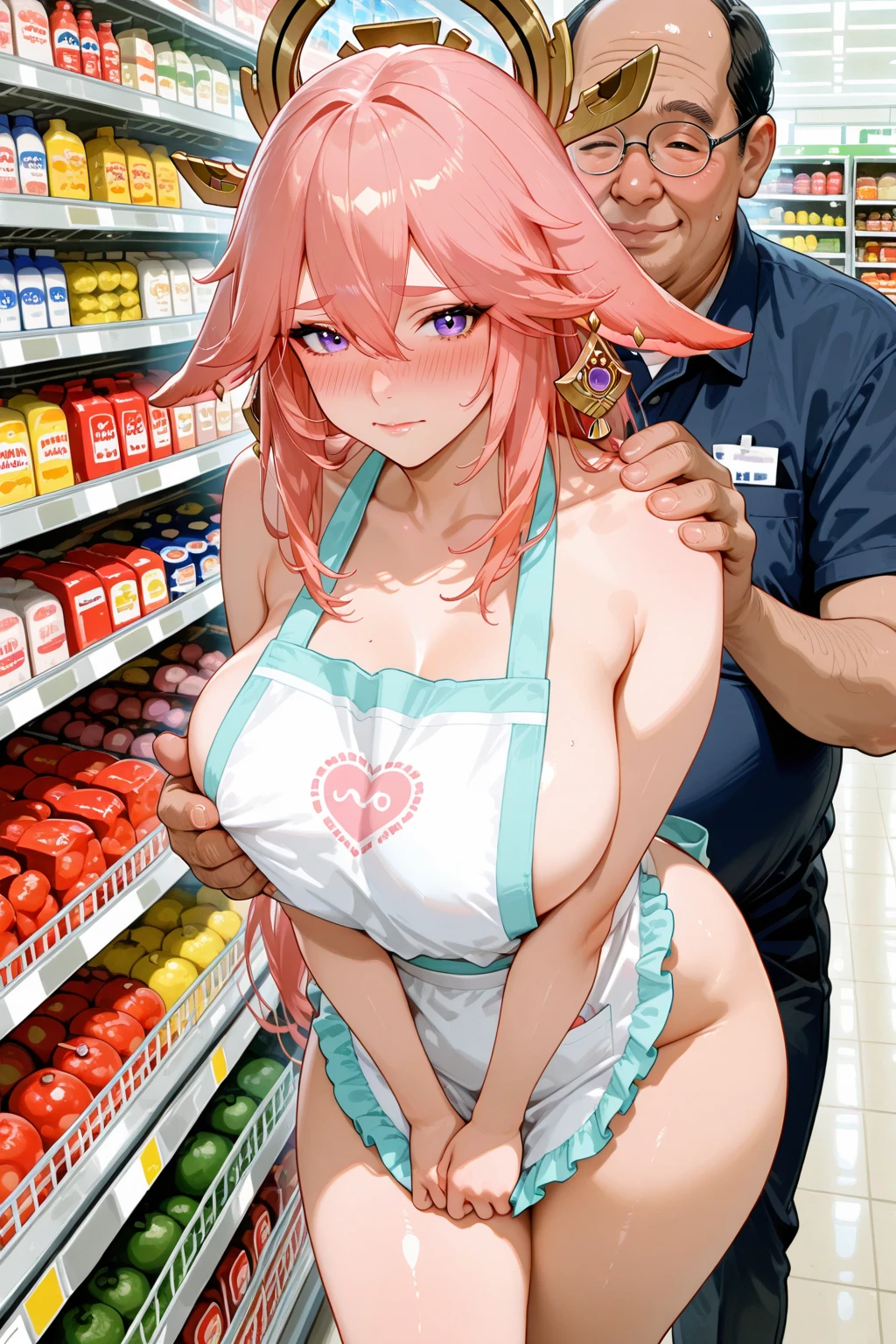 masterpiece,best quality,highly detailed,purple hair,long hair,((straight hair:1.2)),orange eyes,medium breasts,((mask:1.2)),<lora:between_breasts_v0.1:1>,1girl,between breasts,cash,pov,ponytail,leaning forward,buying condoms,<lora:Saya-buying condoms:1>,lace-trimmed bra,lace-trimmed panties,