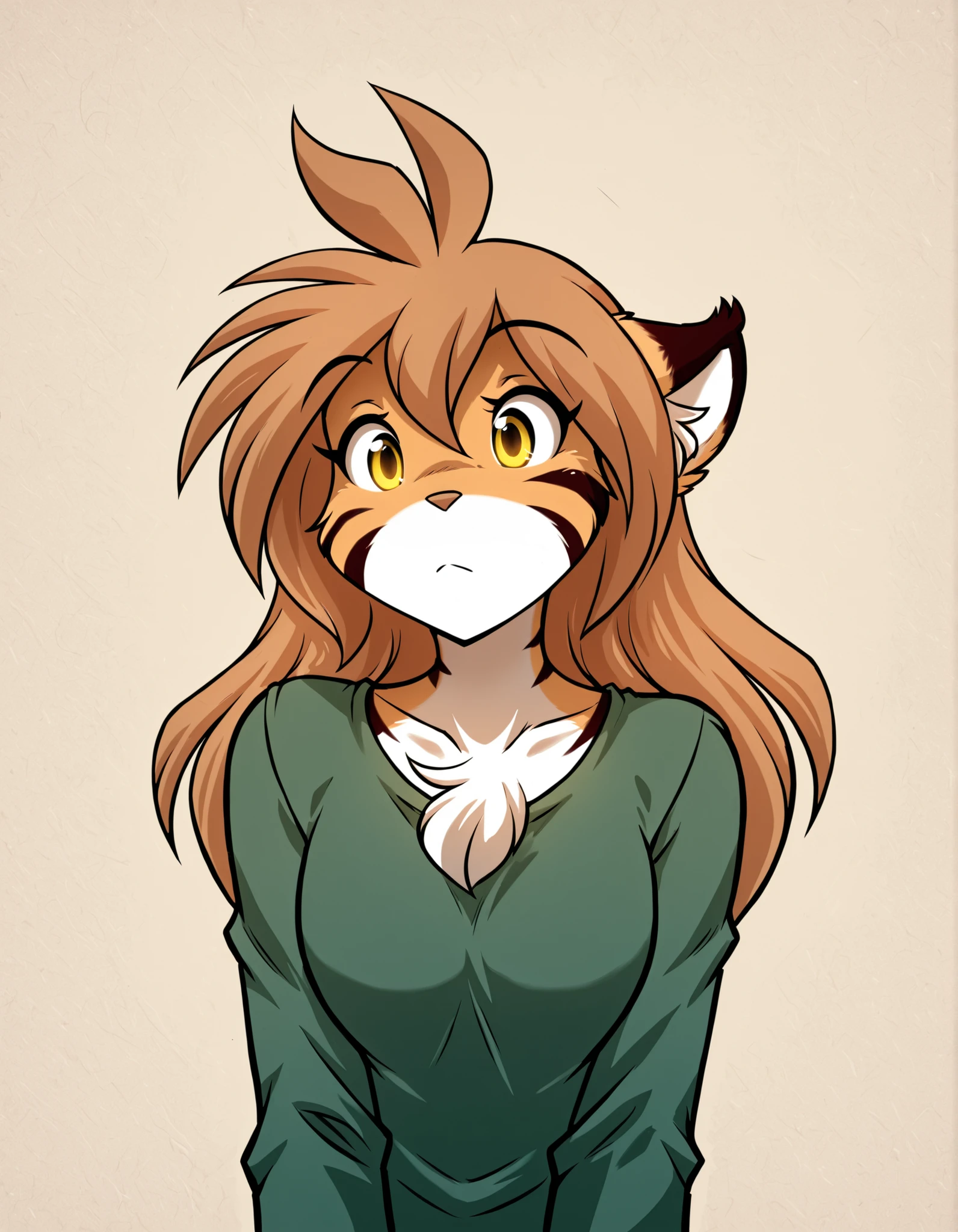 greyscale, monochrome,, masterpiece, best quality, very aesthetic, 1girl,, furry, solo, flora-twokinds, flora_twokinds,, tiger, striped fur, keidran, yellow eyes, anthro,, green shirt