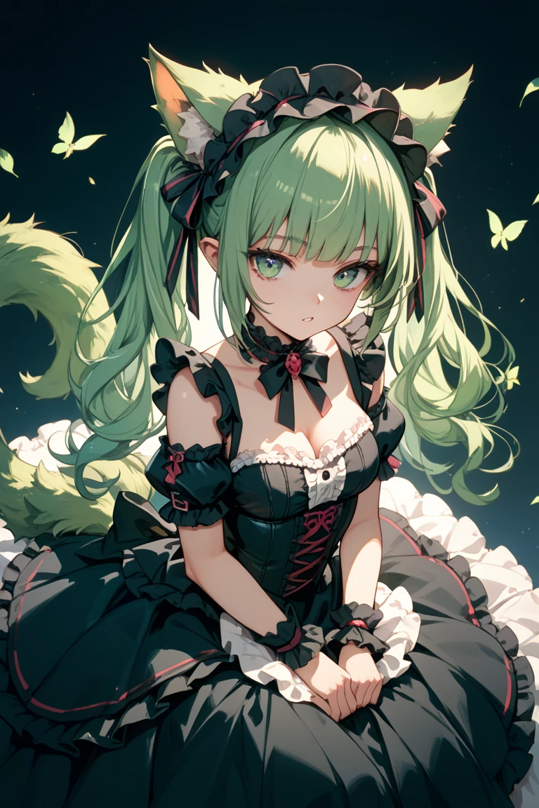 1 girl，Best quality, tmasterpiece, Long green hair, beautiful,detailed eyes, HD, super cute girl, super cute hairstyle, extremely detailed, Visually inspect the audience, The face is slightly red，is shy，adolable，Lori small breasts cleavage, skirt, pleated skirt, frills, frilled bra, twintails, (solo:1.6), seductive smile, (green eyes with beautiful pupils:1.7), (on her knees:1.5), (garden background with butterflies and flowers around:1.2),