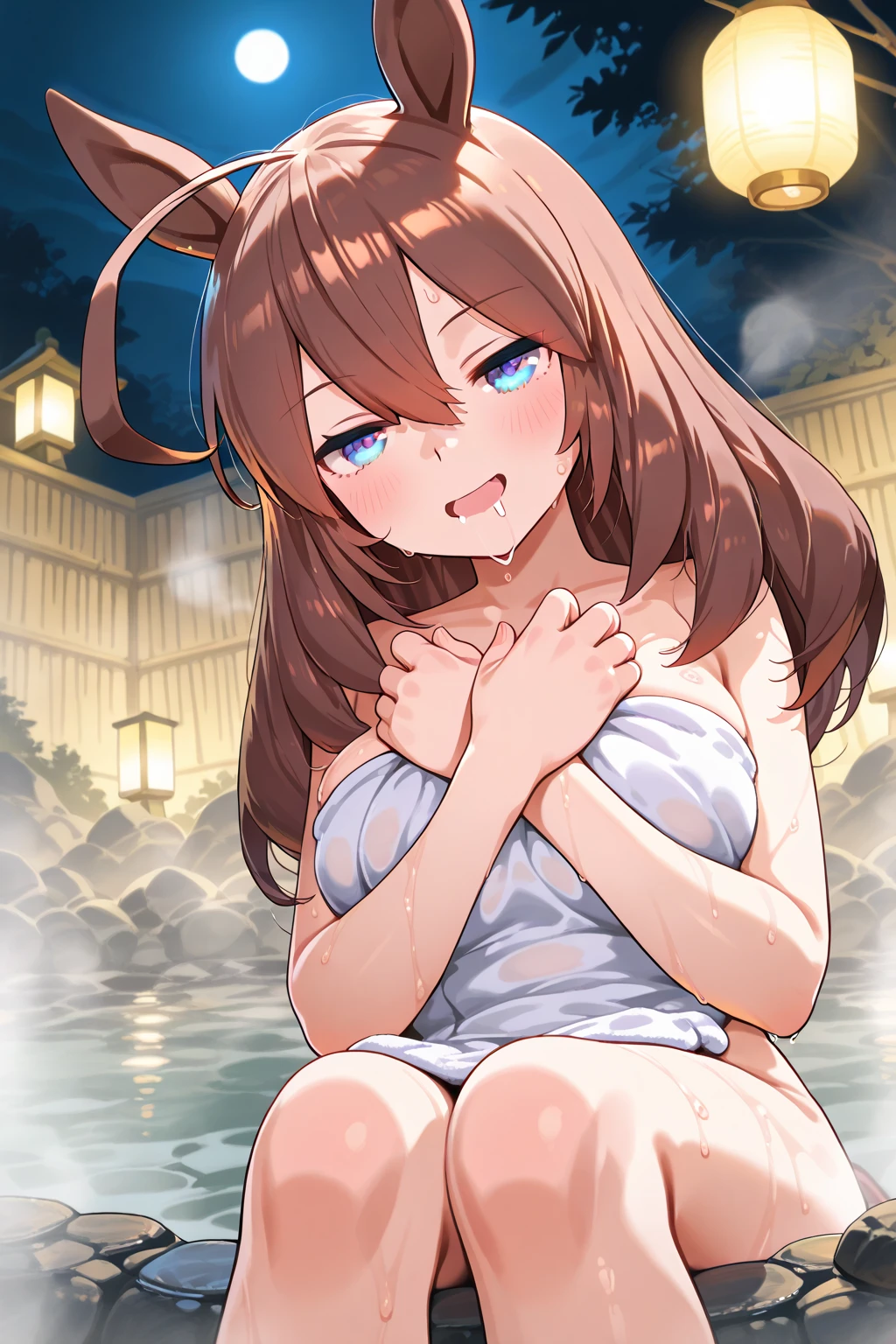 nsfw, (wearing nothing: 1.5), large breasts., 1 girl,, cooking, empty eyes ,, , ahoge, brown hair, , street, shrine, sea, long hair, hair bow, sea, nipple , wet