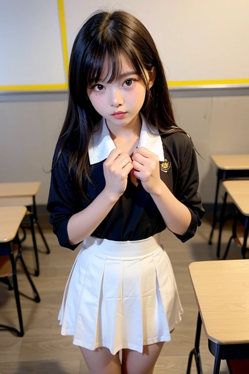 giganticbreasts、gaunt、Maid clothes、Big valley、Beautiful crotch、Sit on a desk、Primary school students、open legs