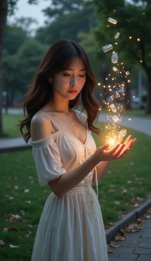 solo, finest image, sexy beautiful woman, happy, shy, amorous expression, lewd expression, ecstasy, orgasm, white glossy wavy iridescent short hair, blue sparkling big eyes, great proportion, pure white long dress with gold embroidery, background meadow on the hill, clear skies, sun and sunlight, rain and raindrops, petals, scatter white red gold and silver glitter and confetti, professional lighting
