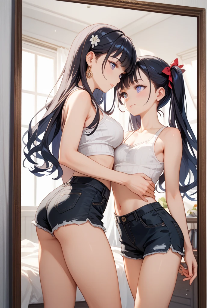 (8K, original photography, best quality,）a girl，16 years old，slim body，（slender legs），black hair，high ponytail，Qi bangs，Navel-baring short-sleeved top，Hip-length denim shorts，low top canvas shoes，（（bare legs，no socks）），full-body shot，shopping，Take a picture of her back,
Camel petals, The naked body of a beautiful woman, wet,